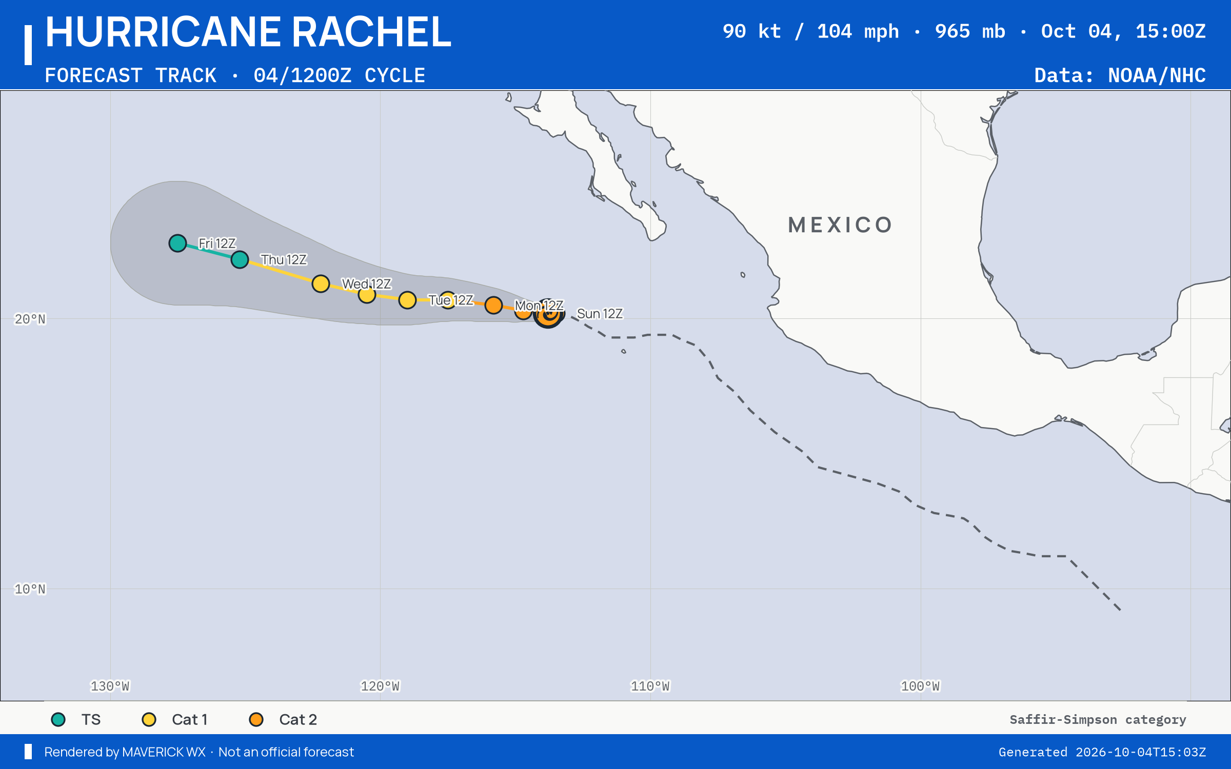 NHC forecast for Category 2 Hurricane Rachel, Advisory 30; rendered by MaverickWX