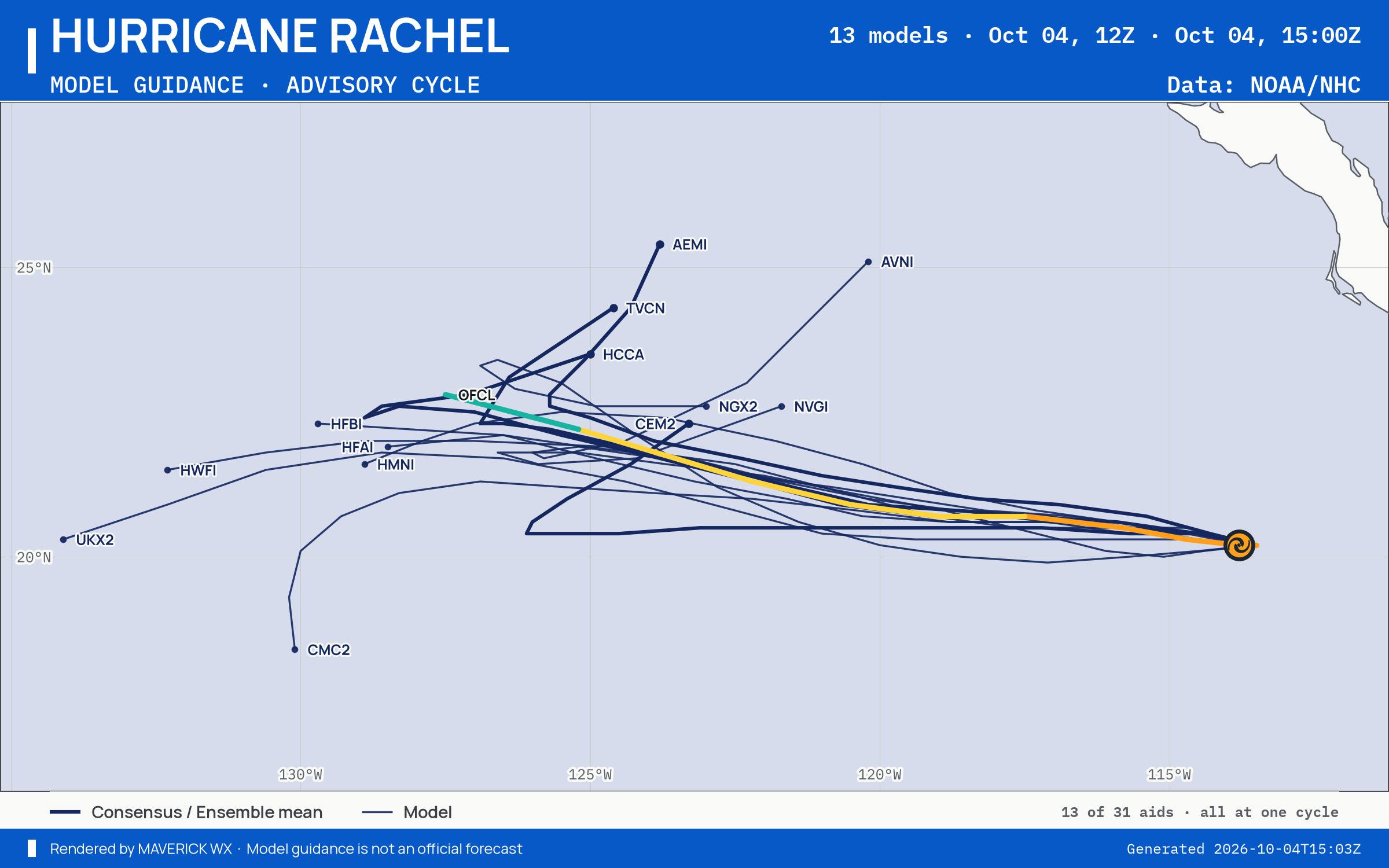 The models’ tracks, which are not a forecast for Category 2 Hurricane Rachel, NHC Advisory 30