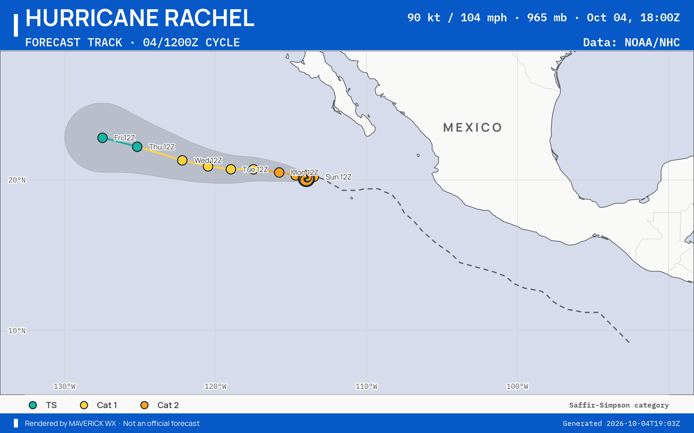 NHC forecast for Category 2 Hurricane Rachel, Best track; rendered by MaverickWX