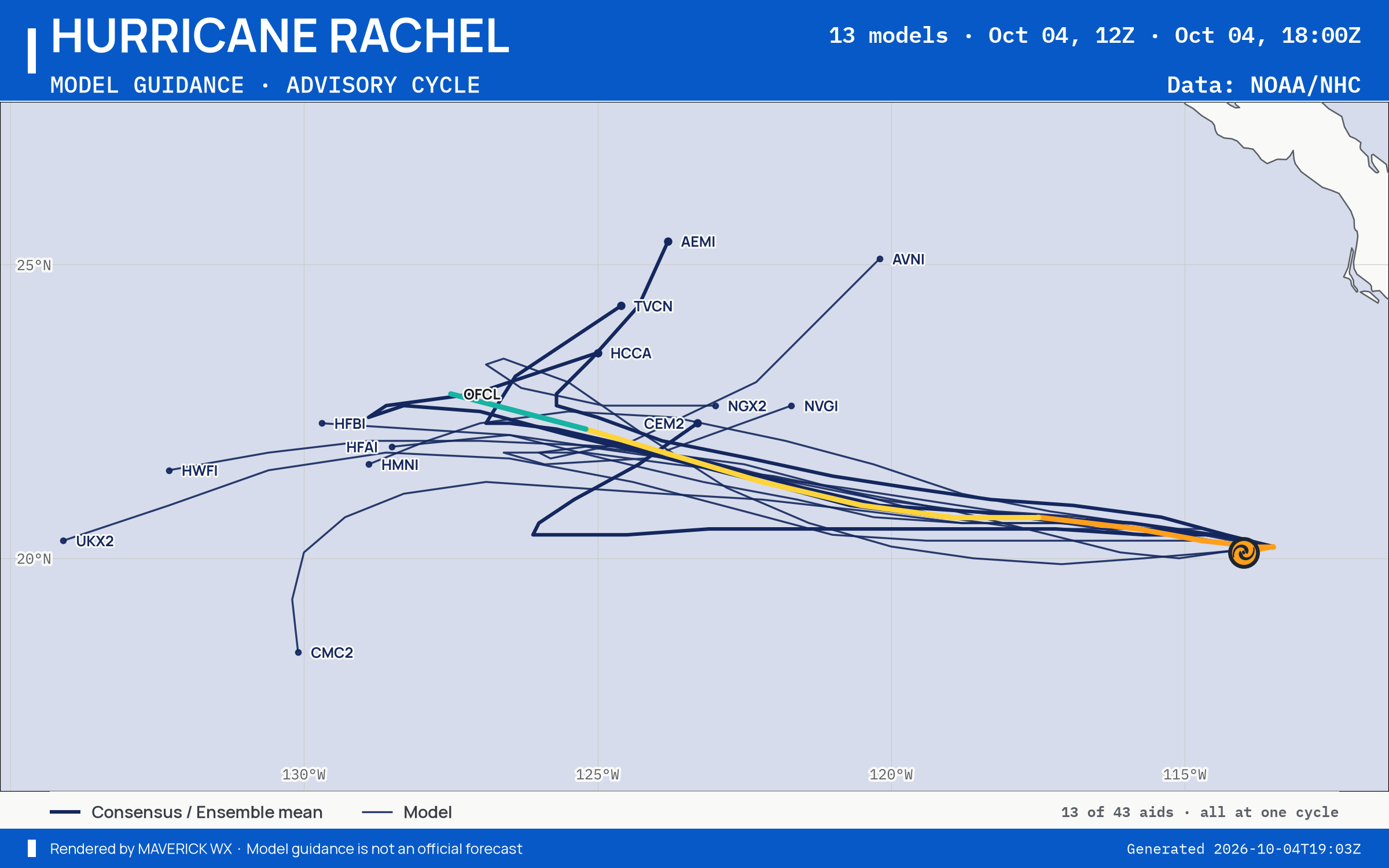 The models’ tracks, which are not a forecast for Category 2 Hurricane Rachel, NHC Best track