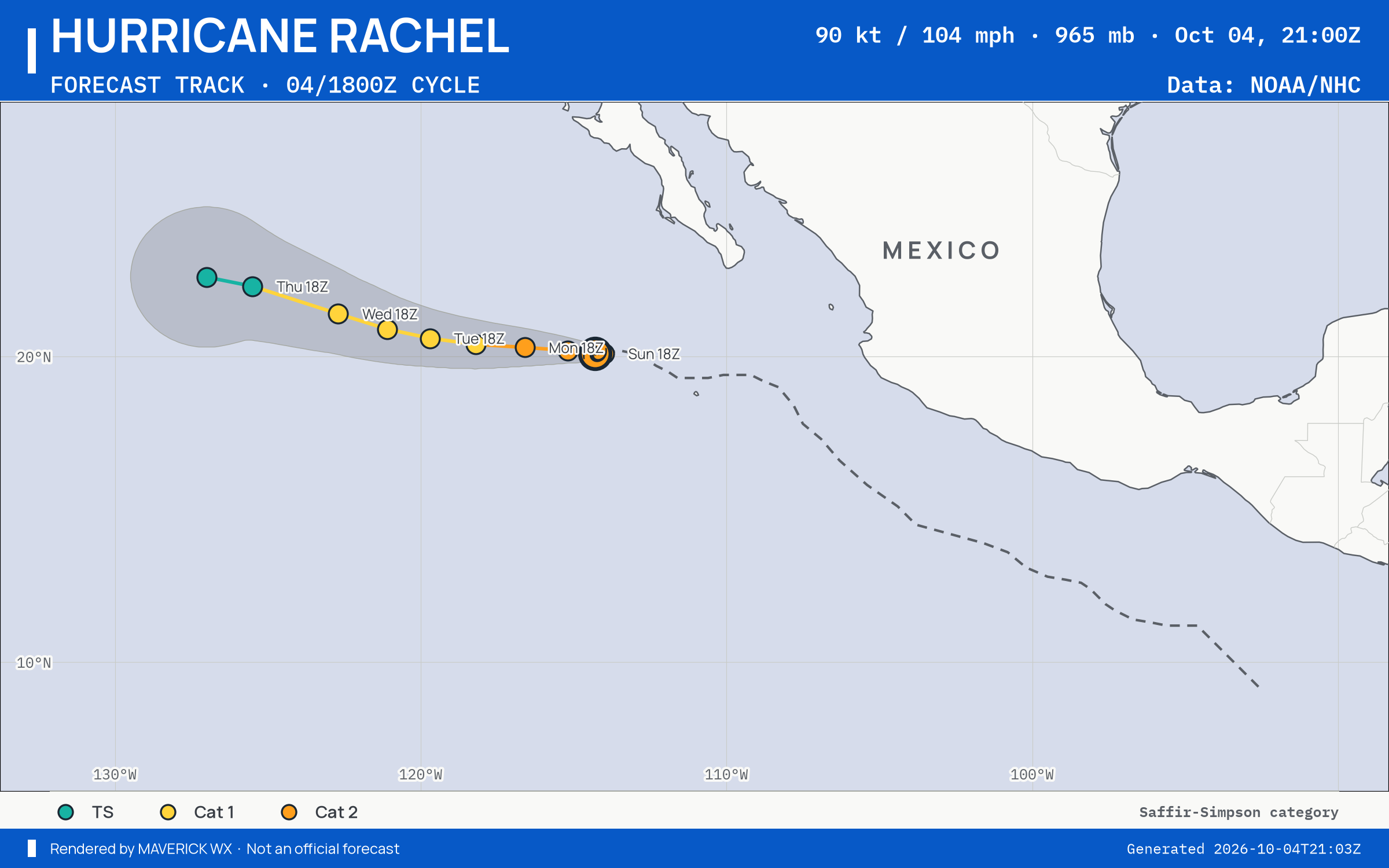 NHC forecast for Category 2 Hurricane Rachel, Advisory 31; rendered by MaverickWX