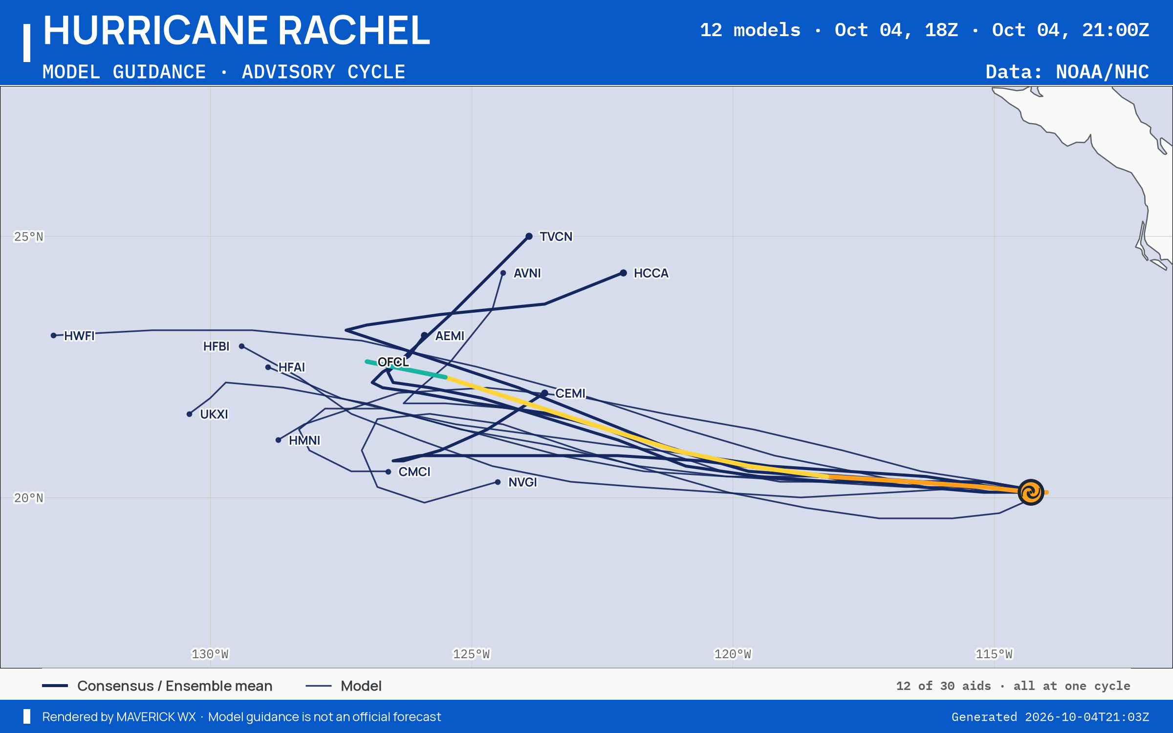 The models’ tracks, which are not a forecast for Category 2 Hurricane Rachel, NHC Advisory 31
