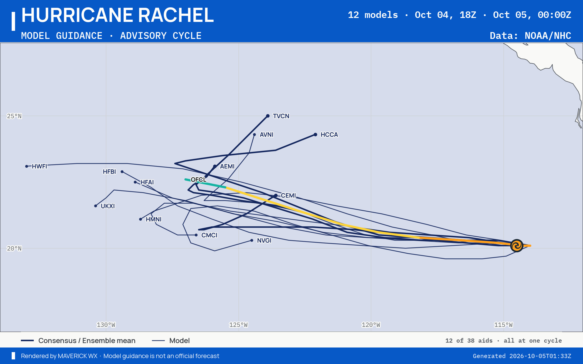 The models’ tracks, which are not a forecast for Category 2 Hurricane Rachel, NHC Best track