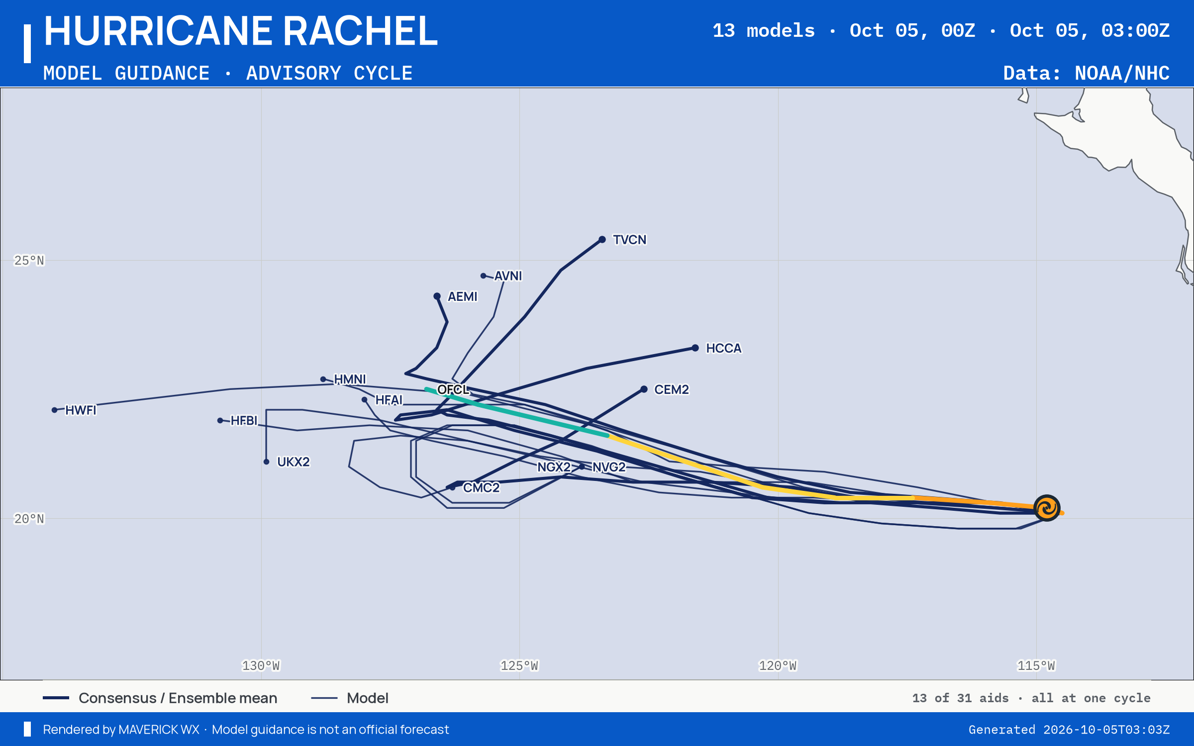 The models’ tracks, which are not a forecast for Category 2 Hurricane Rachel, NHC Advisory 32