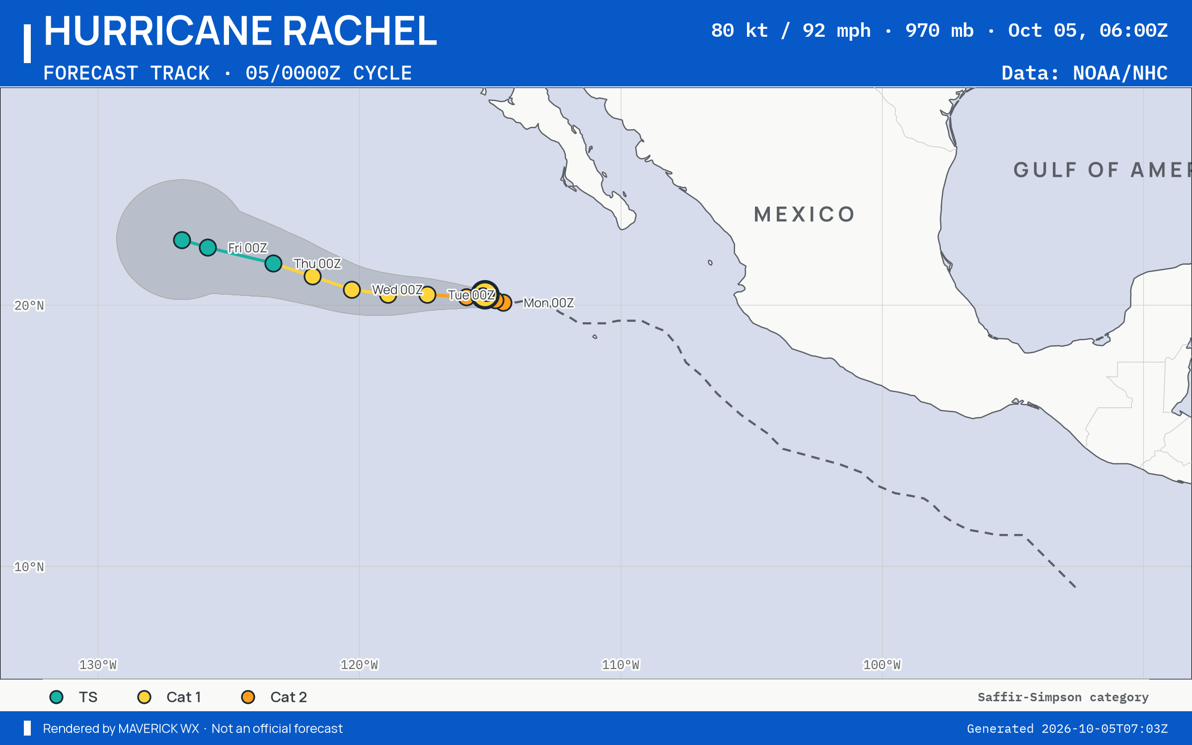 The official forecast track for Category 1 Hurricane Rachel, NHC Best track