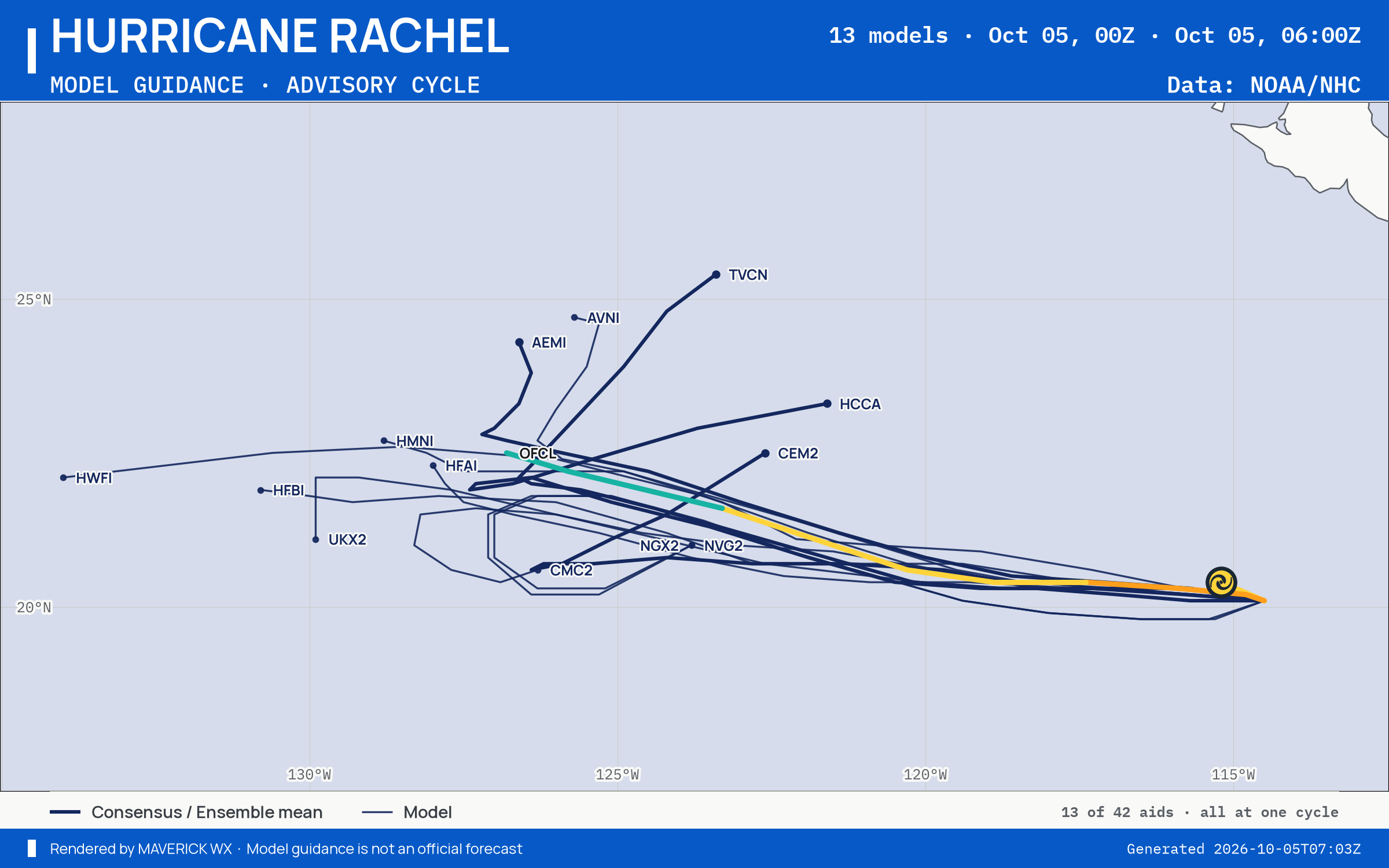 The models’ tracks, which are not a forecast for Category 1 Hurricane Rachel, NHC Best track
