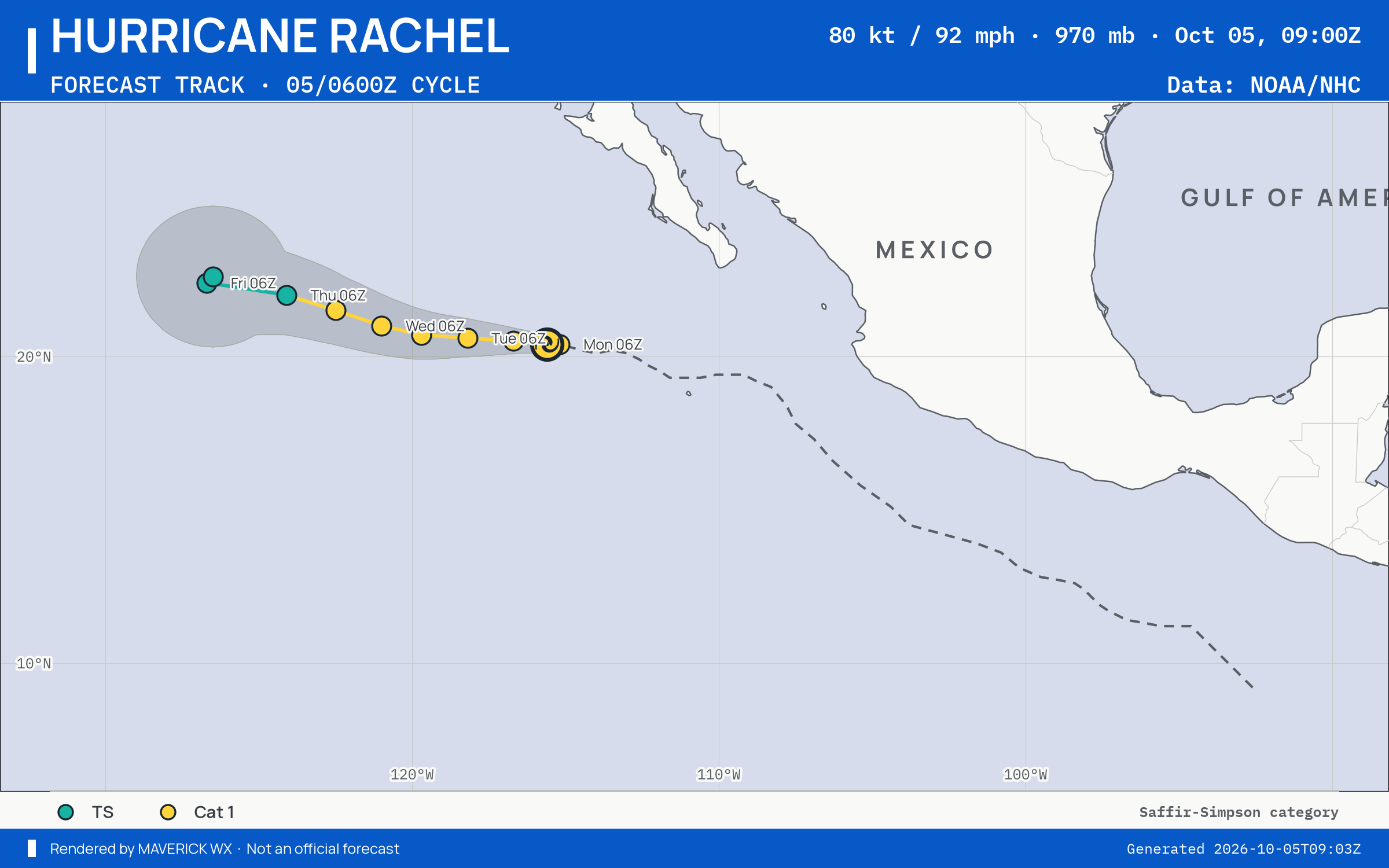 The official forecast track for Category 1 Hurricane Rachel, NHC Advisory 33