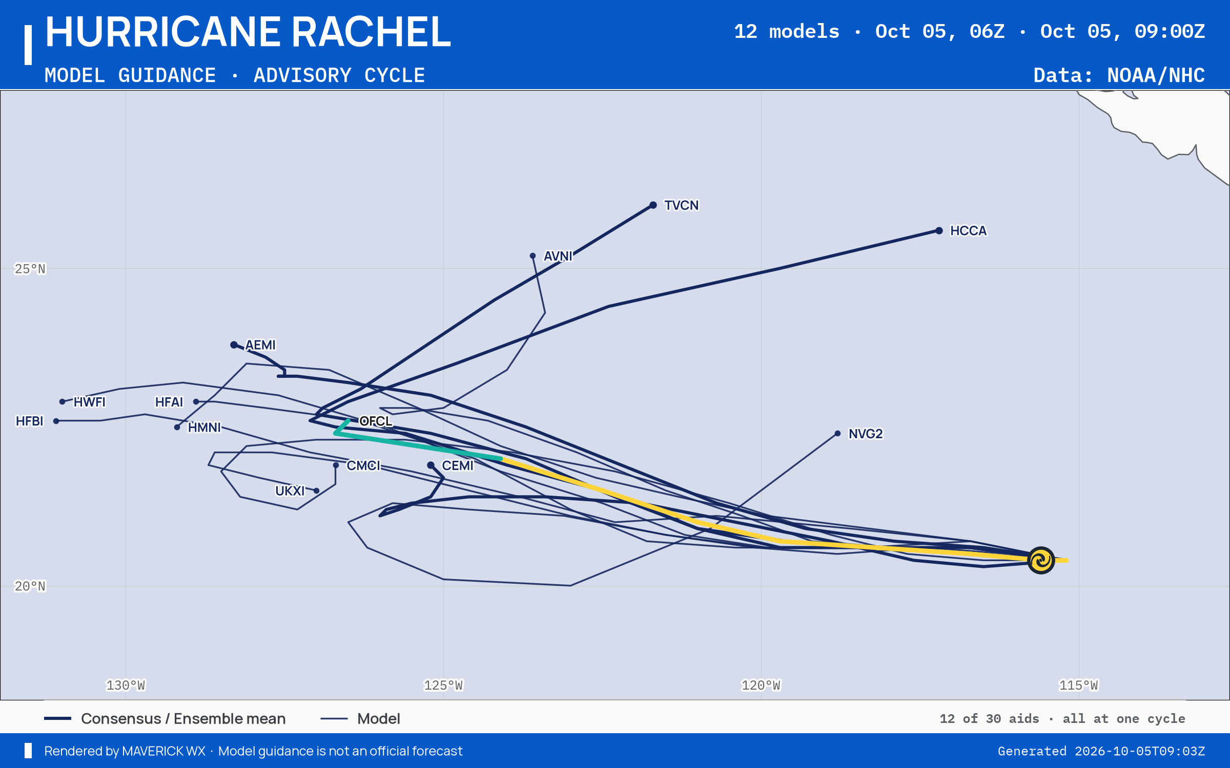 The models’ tracks, which are not a forecast for Category 1 Hurricane Rachel, NHC Advisory 33