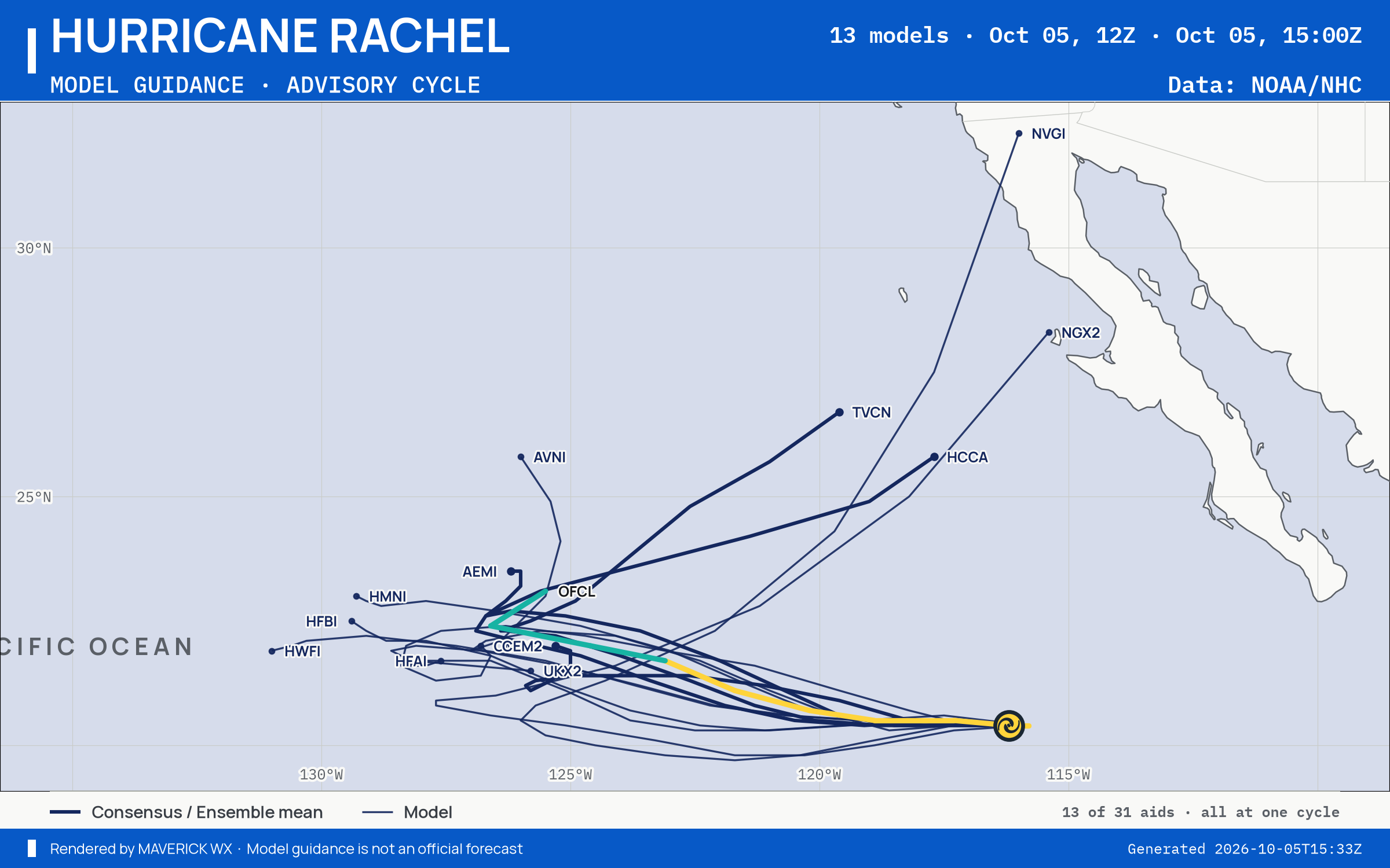 The models’ tracks, which are not a forecast for Category 1 Hurricane Rachel, NHC Advisory 34