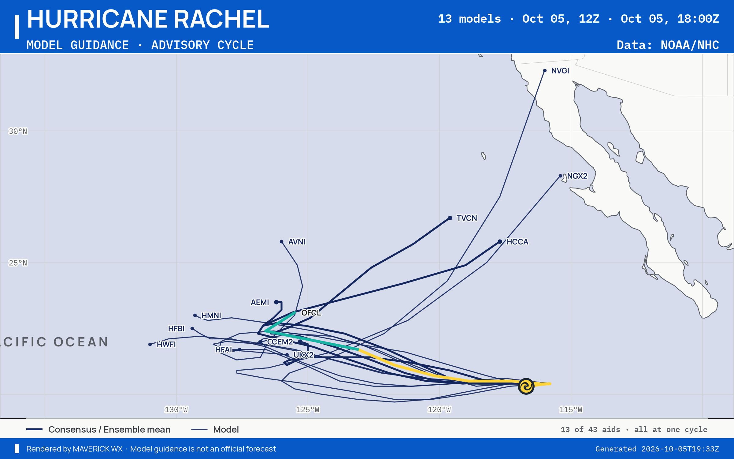 The models’ tracks, which are not a forecast for Category 1 Hurricane Rachel, NHC Best track