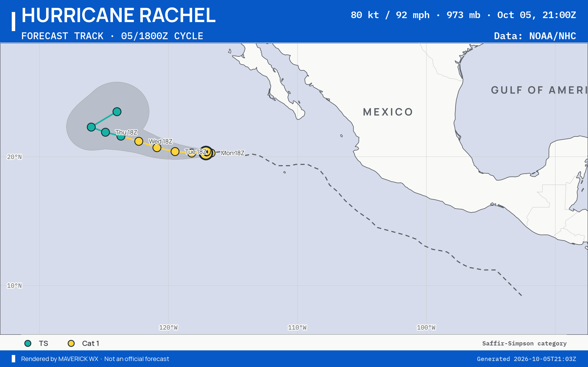 The official forecast track for Category 1 Hurricane Rachel, NHC Advisory 35