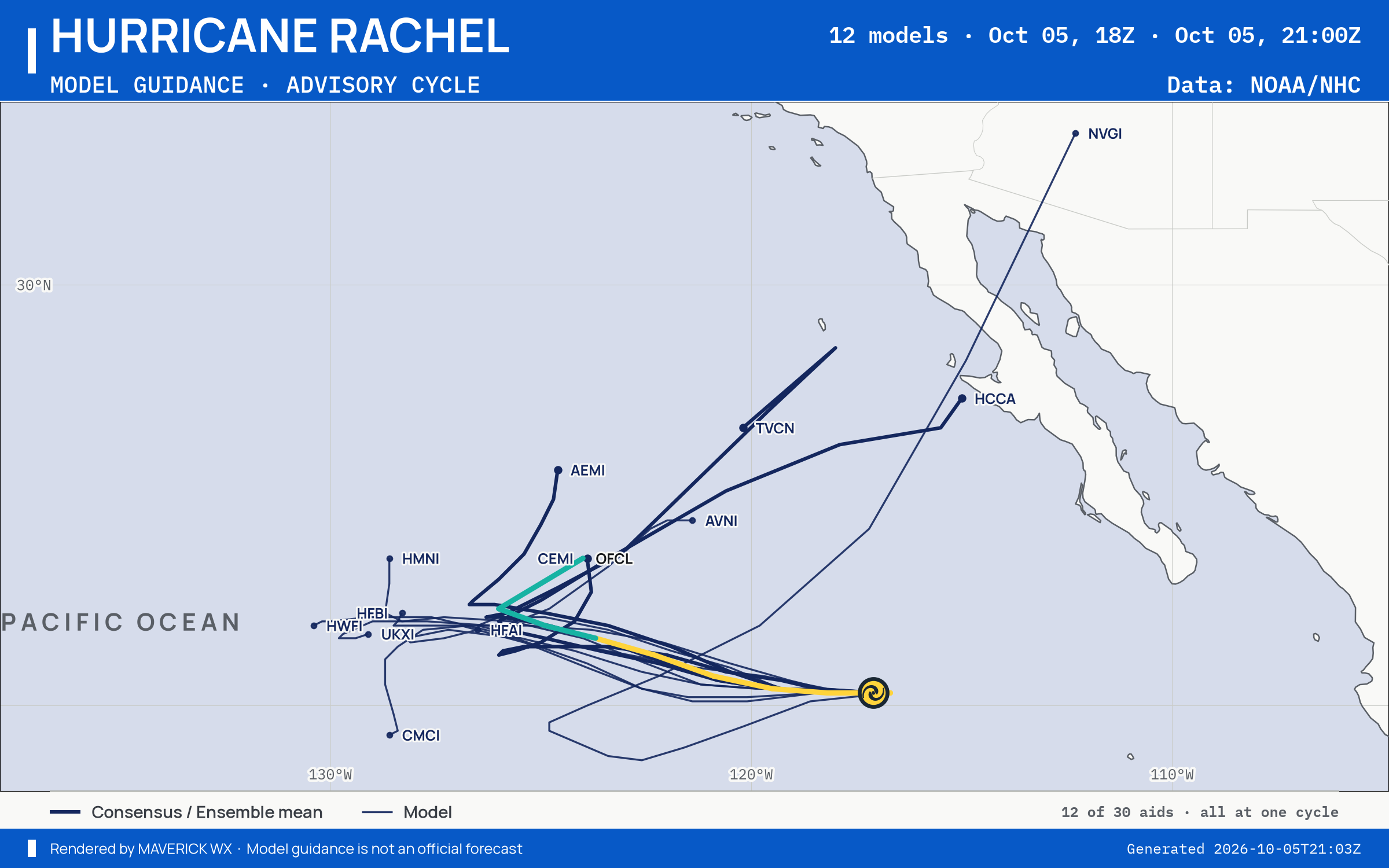 The models’ tracks, which are not a forecast for Category 1 Hurricane Rachel, NHC Advisory 35