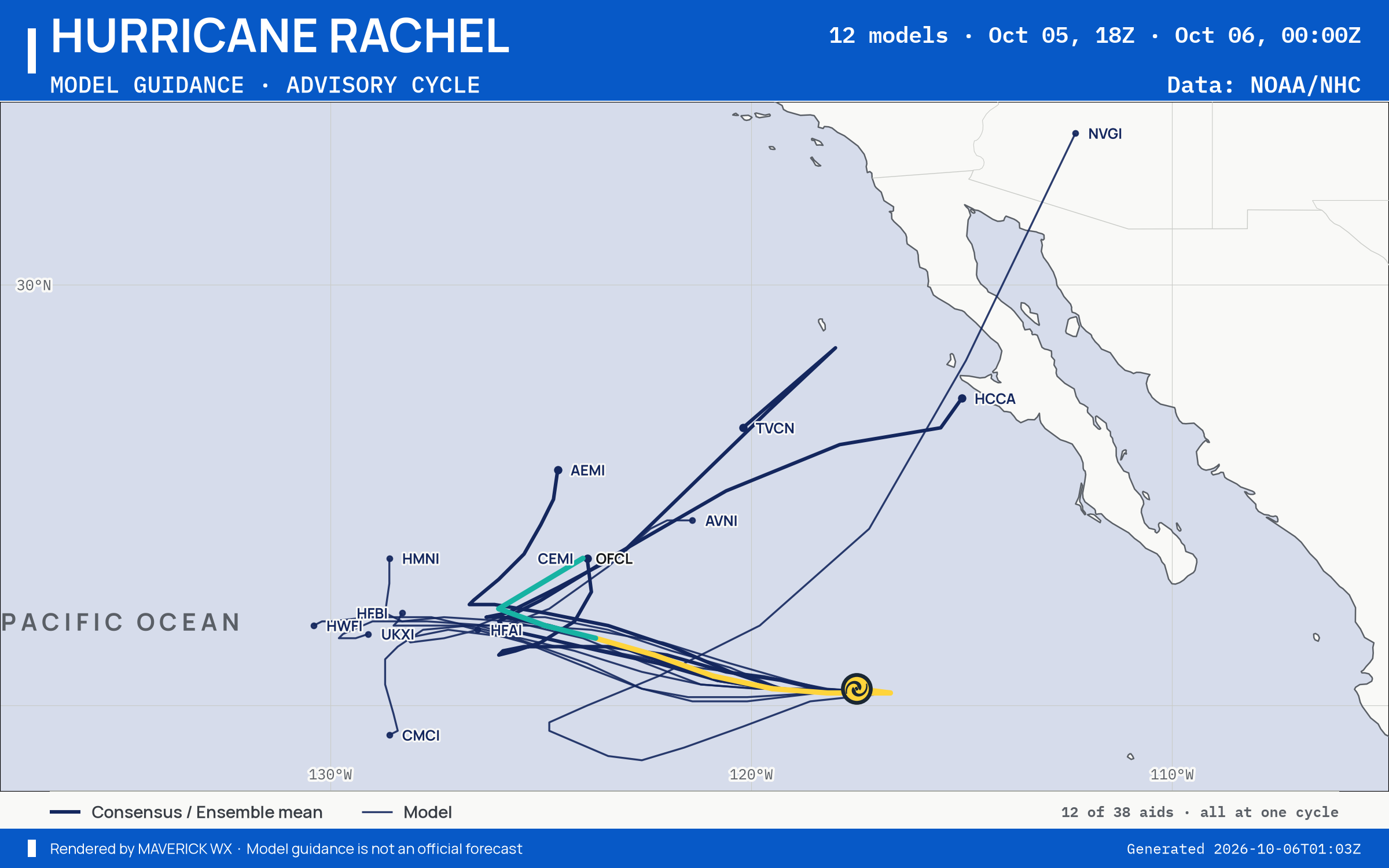 The models’ tracks, which are not a forecast for Category 1 Hurricane Rachel, NHC Best track