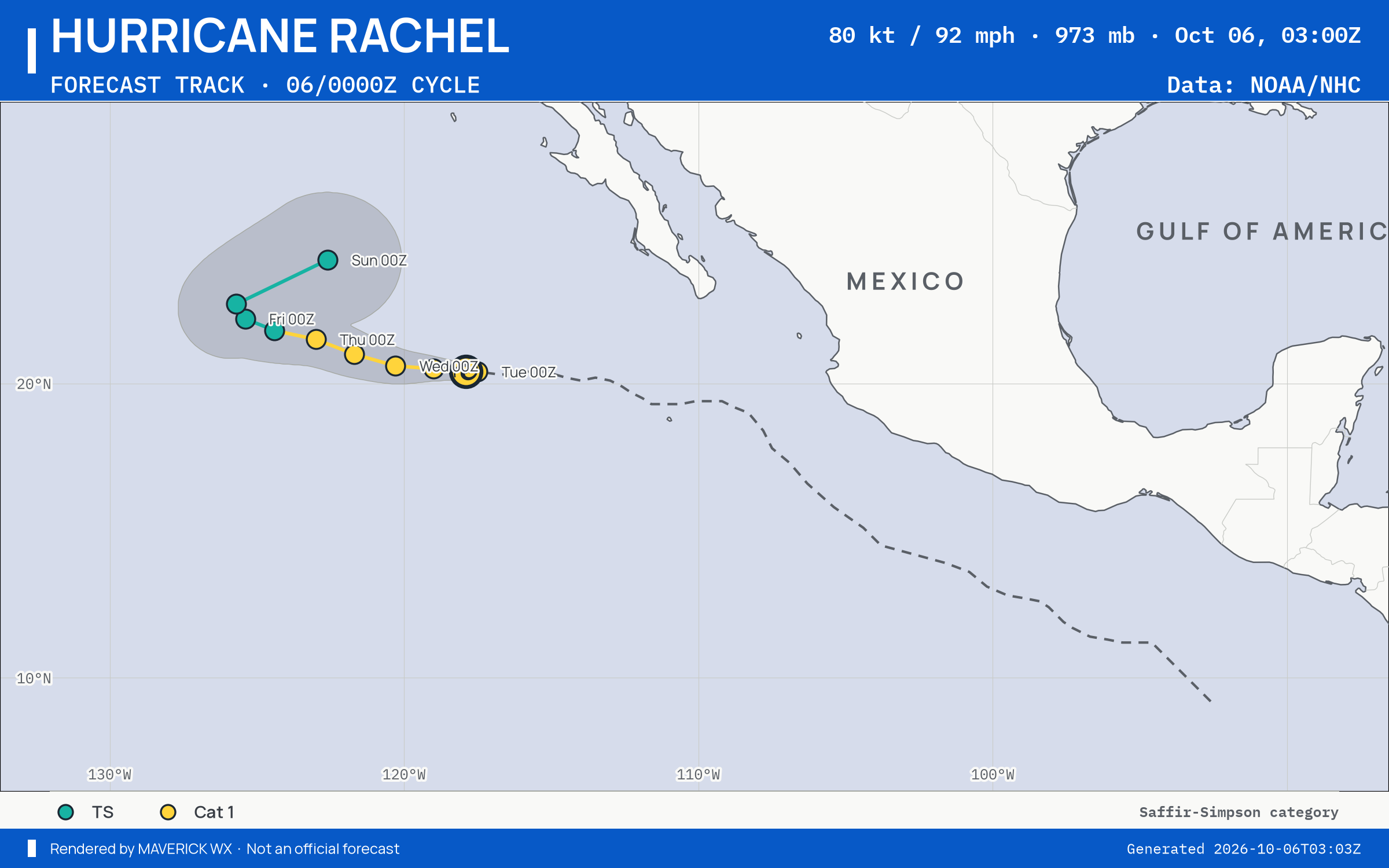The official forecast track for Category 1 Hurricane Rachel, NHC Advisory 36