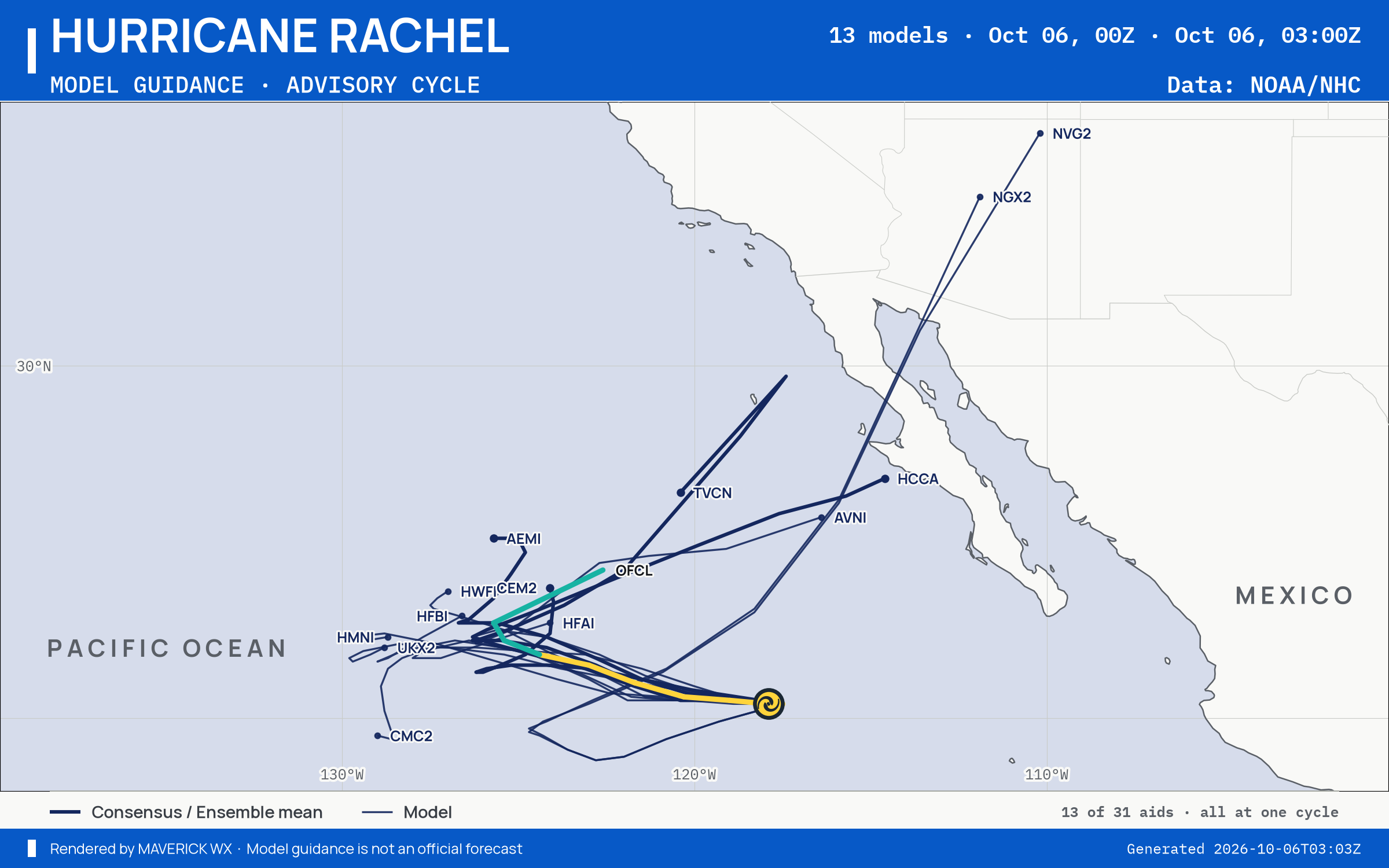 The models’ tracks, which are not a forecast for Category 1 Hurricane Rachel, NHC Advisory 36