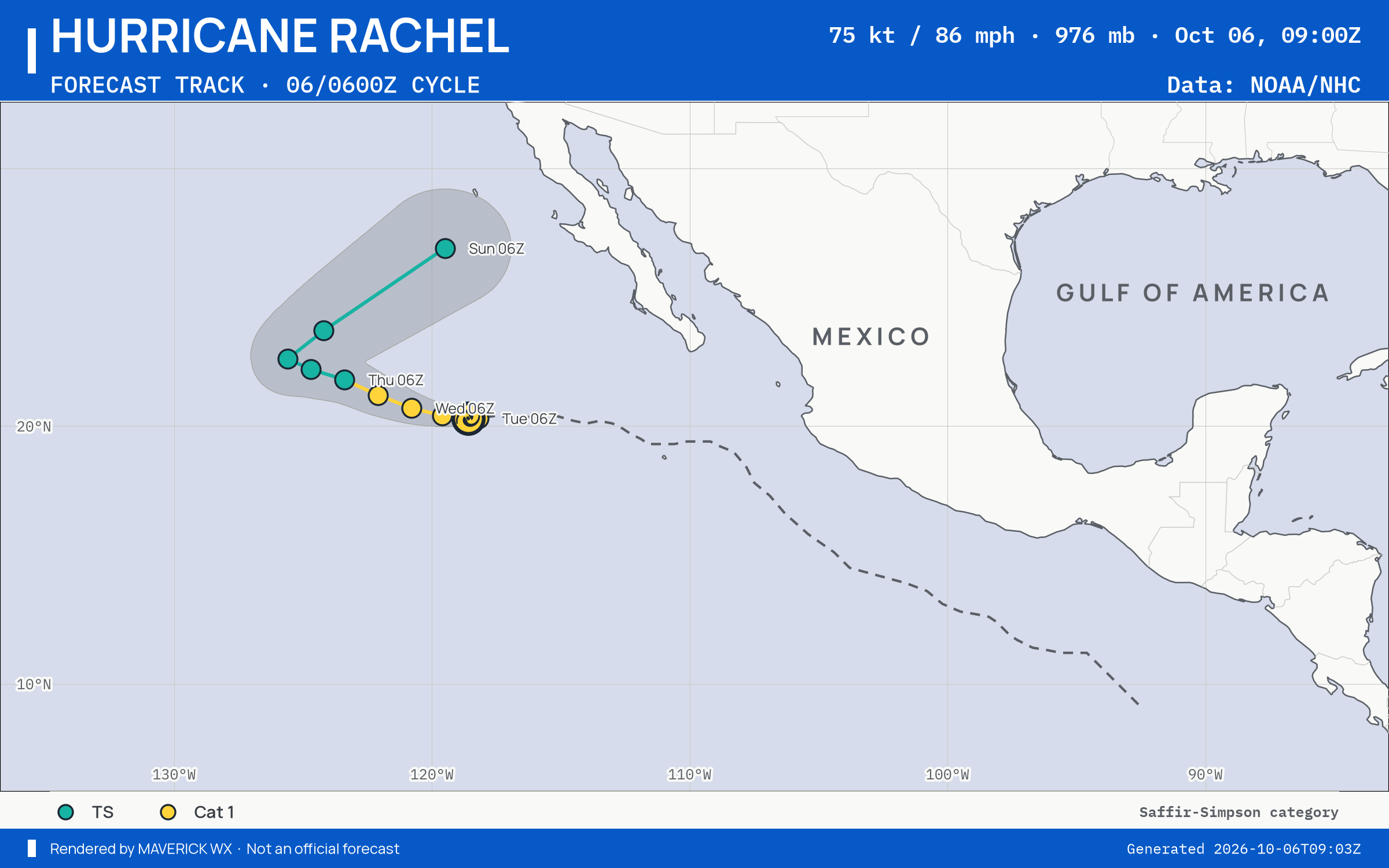 NHC forecast for Category 1 Hurricane Rachel, Advisory 37; rendered by MaverickWX