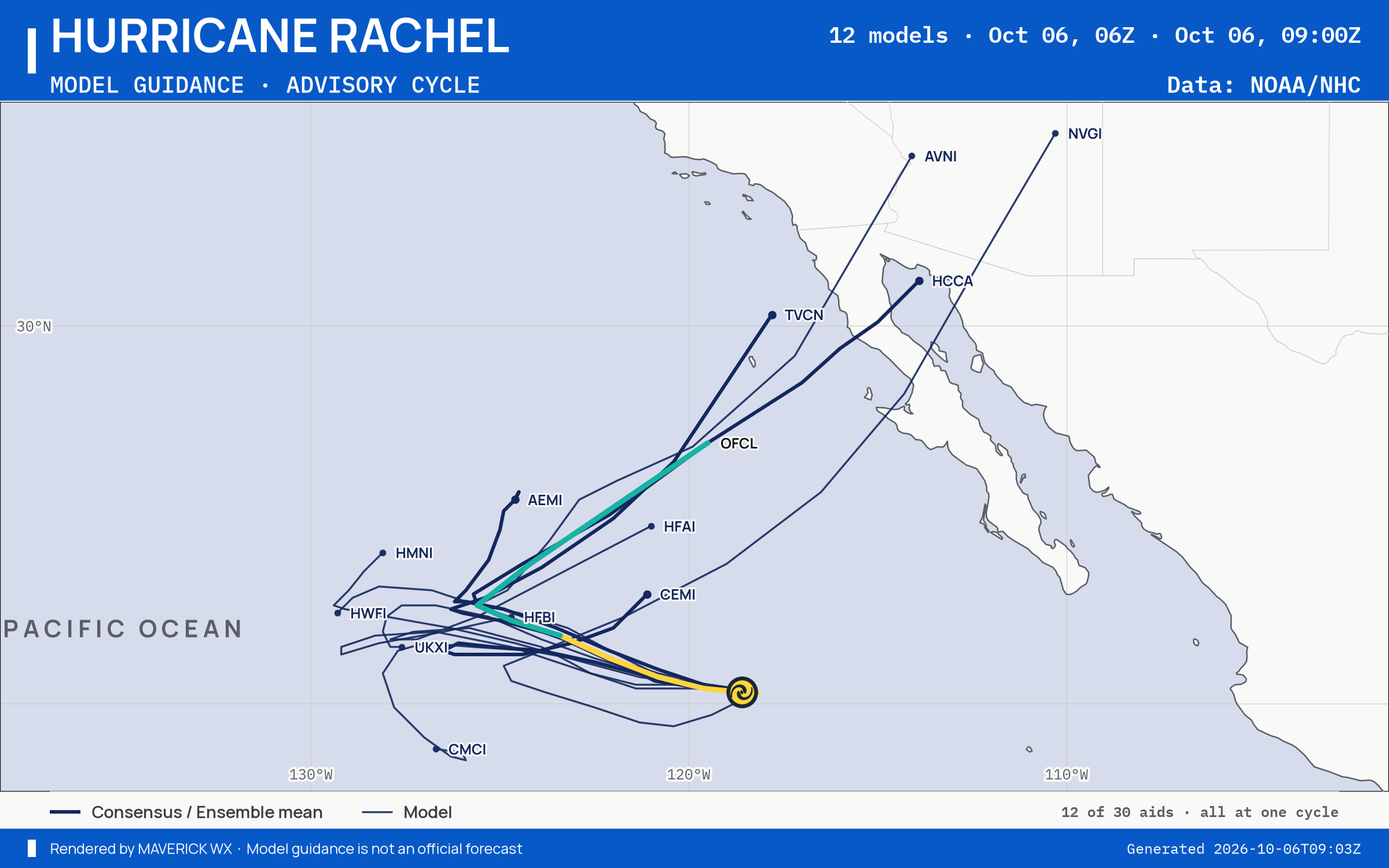 The models’ tracks, which are not a forecast for Category 1 Hurricane Rachel, NHC Advisory 37