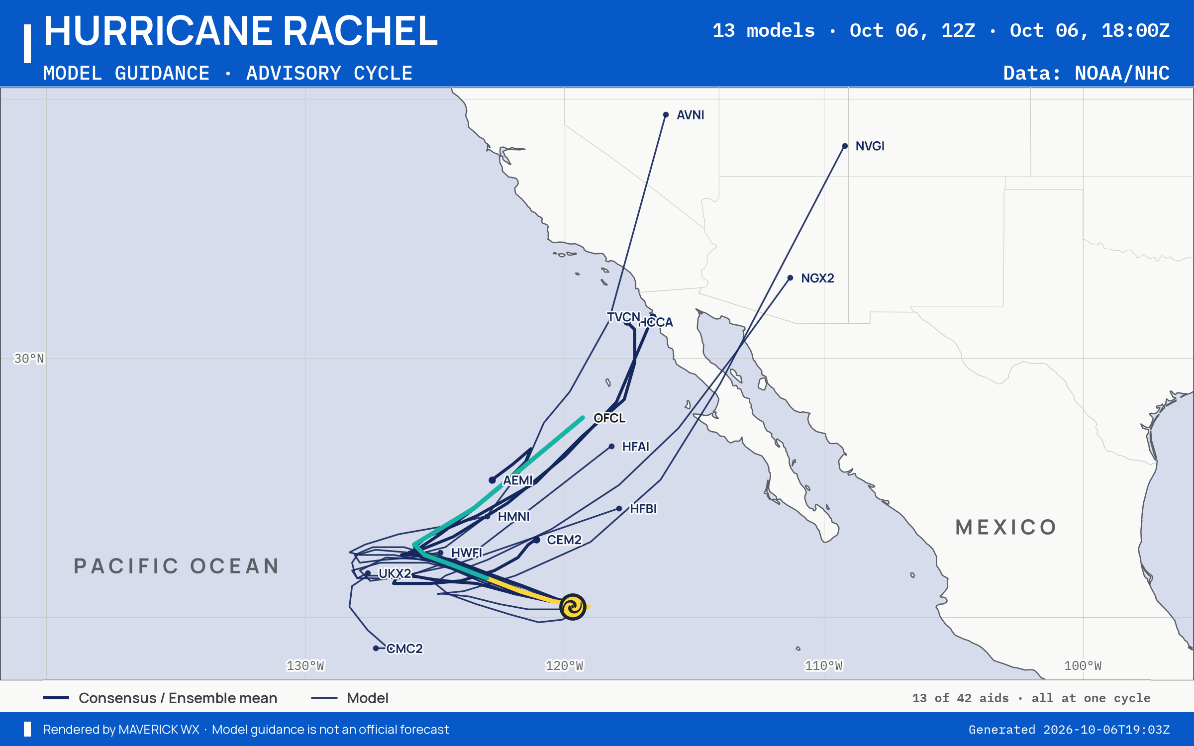 The models’ tracks, which are not a forecast for Category 1 Hurricane Rachel, NHC Best track