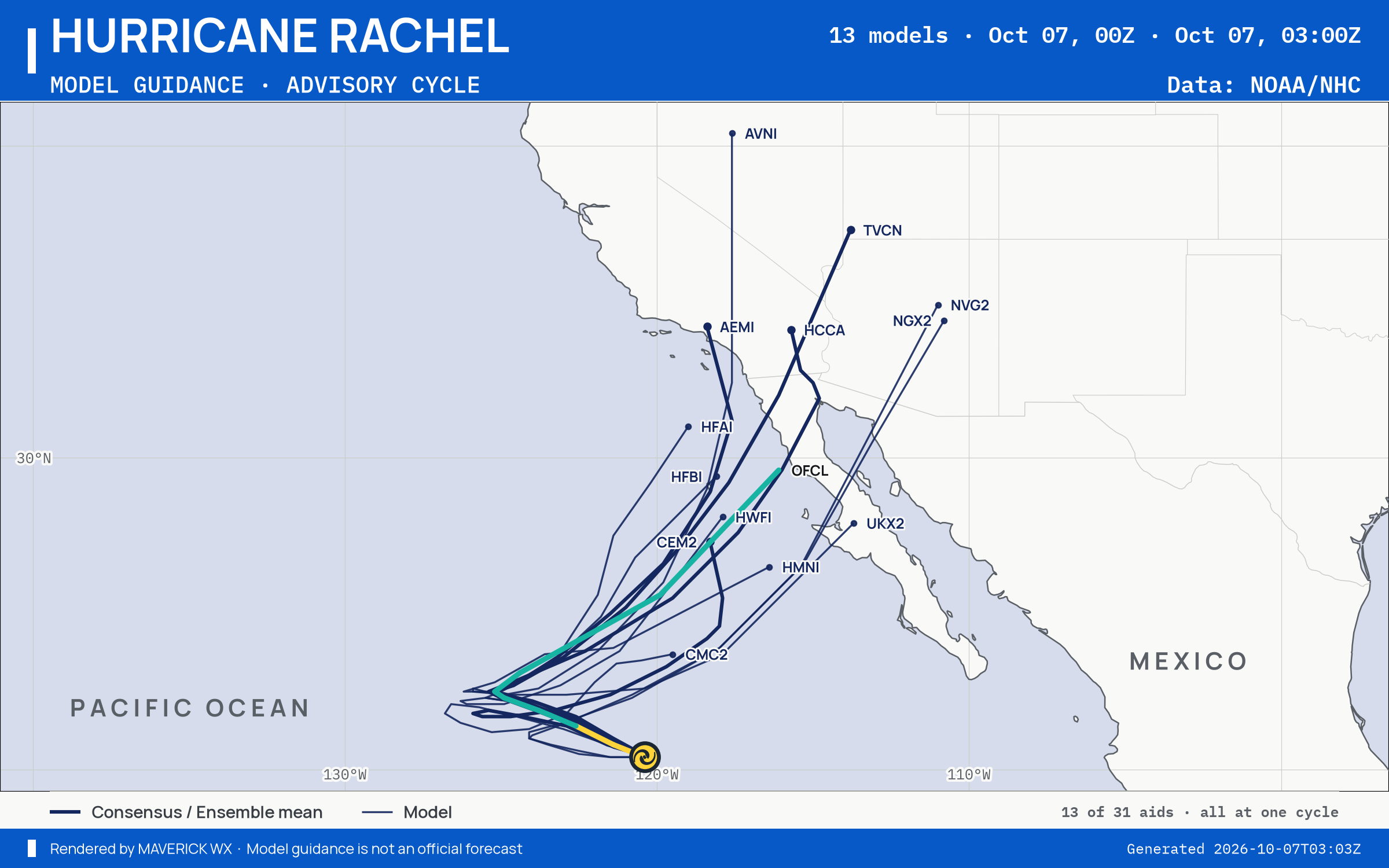 The models’ tracks, which are not a forecast for Category 1 Hurricane Rachel, NHC Advisory 40