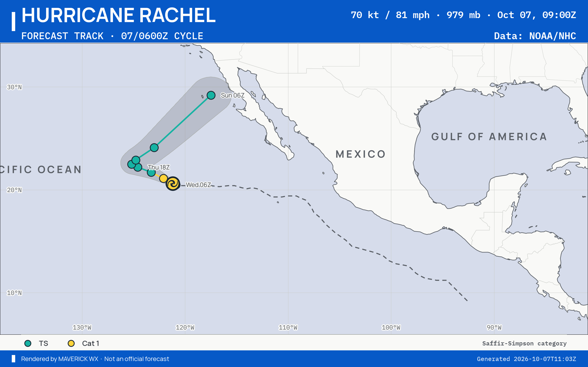 NHC forecast for Category 1 Hurricane Rachel, Advisory 41; rendered by MaverickWX