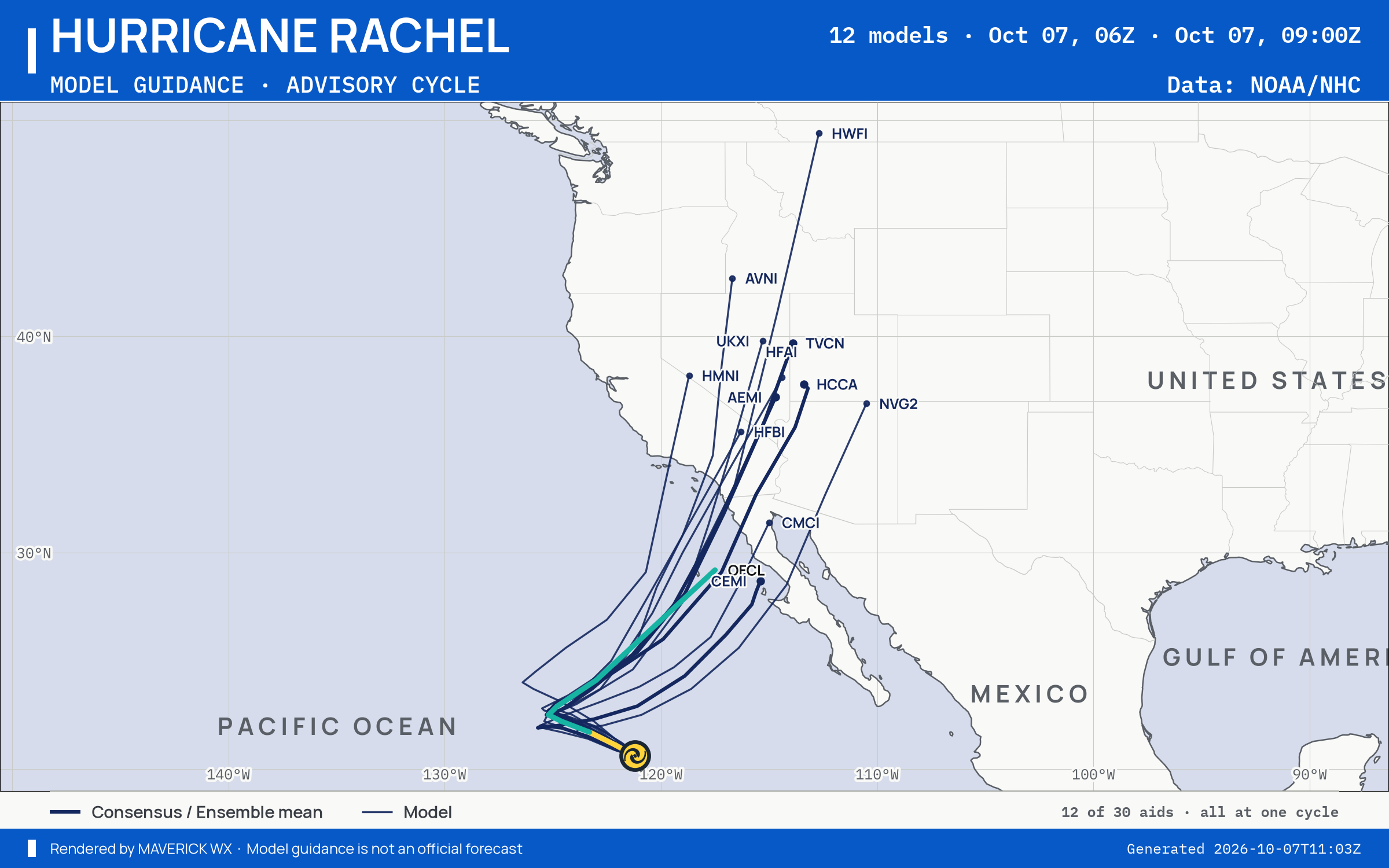 The models’ tracks, which are not a forecast for Category 1 Hurricane Rachel, NHC Advisory 41