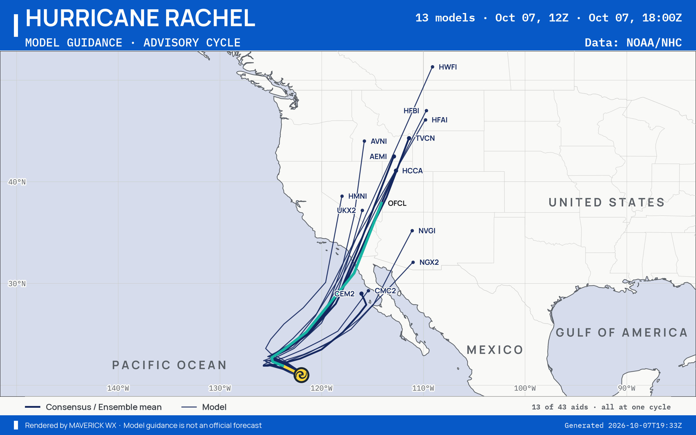 The models’ tracks, which are not a forecast for Category 1 Hurricane Rachel, NHC Best track