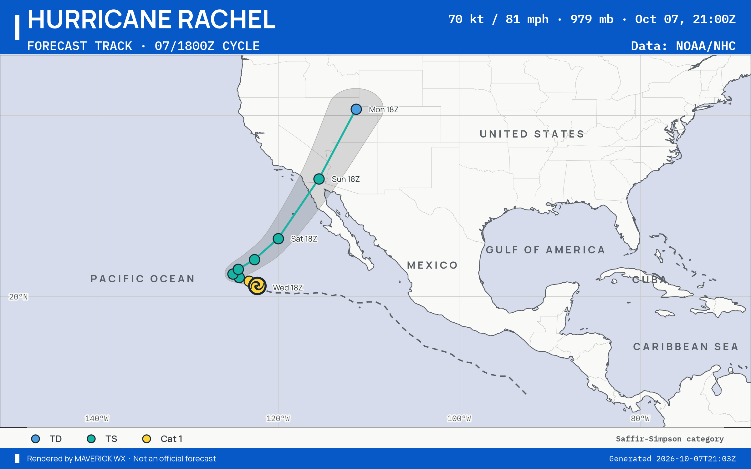 The official forecast track for Category 1 Hurricane Rachel, NHC Advisory 43