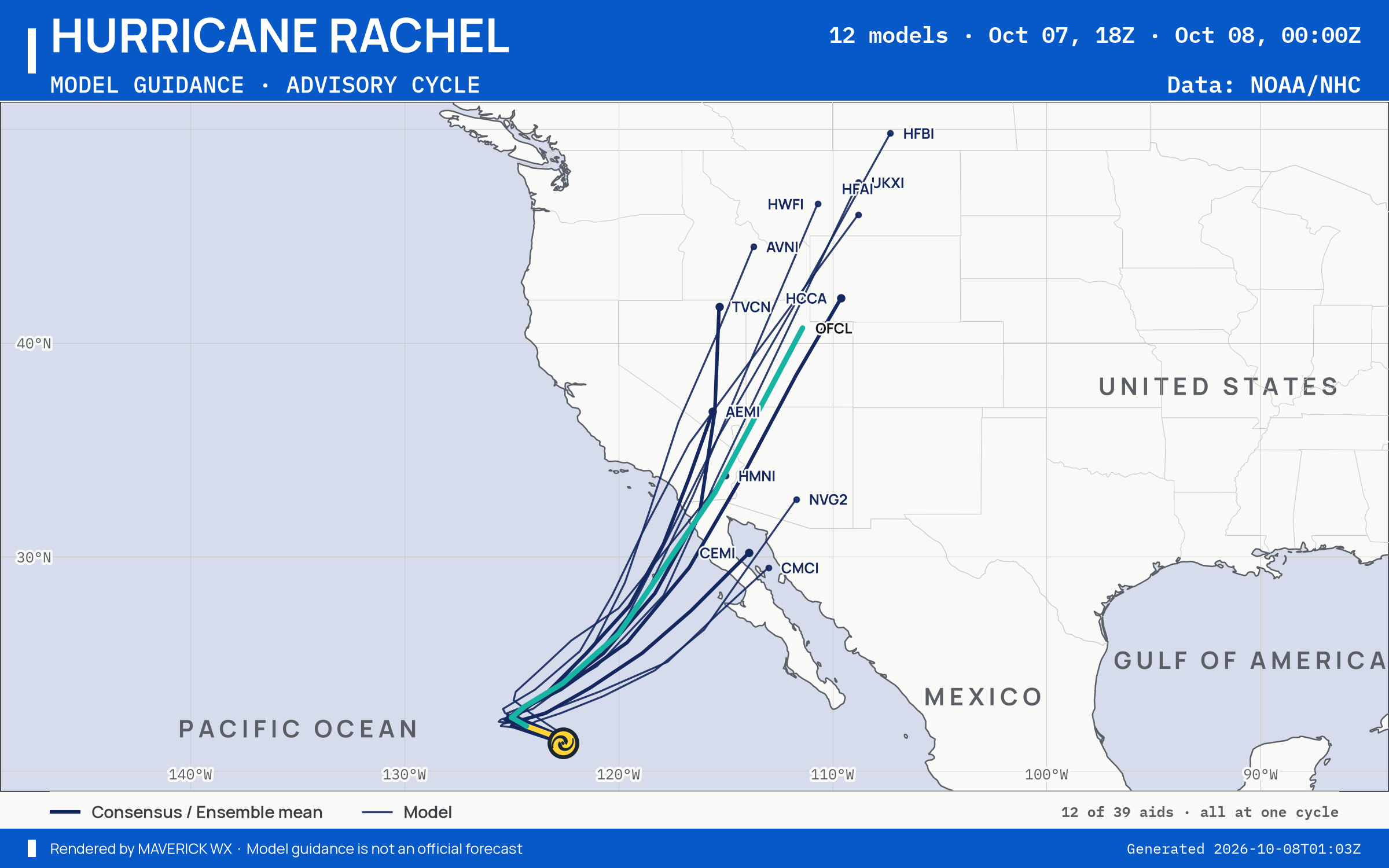 The models’ tracks, which are not a forecast for Category 1 Hurricane Rachel, NHC Best track