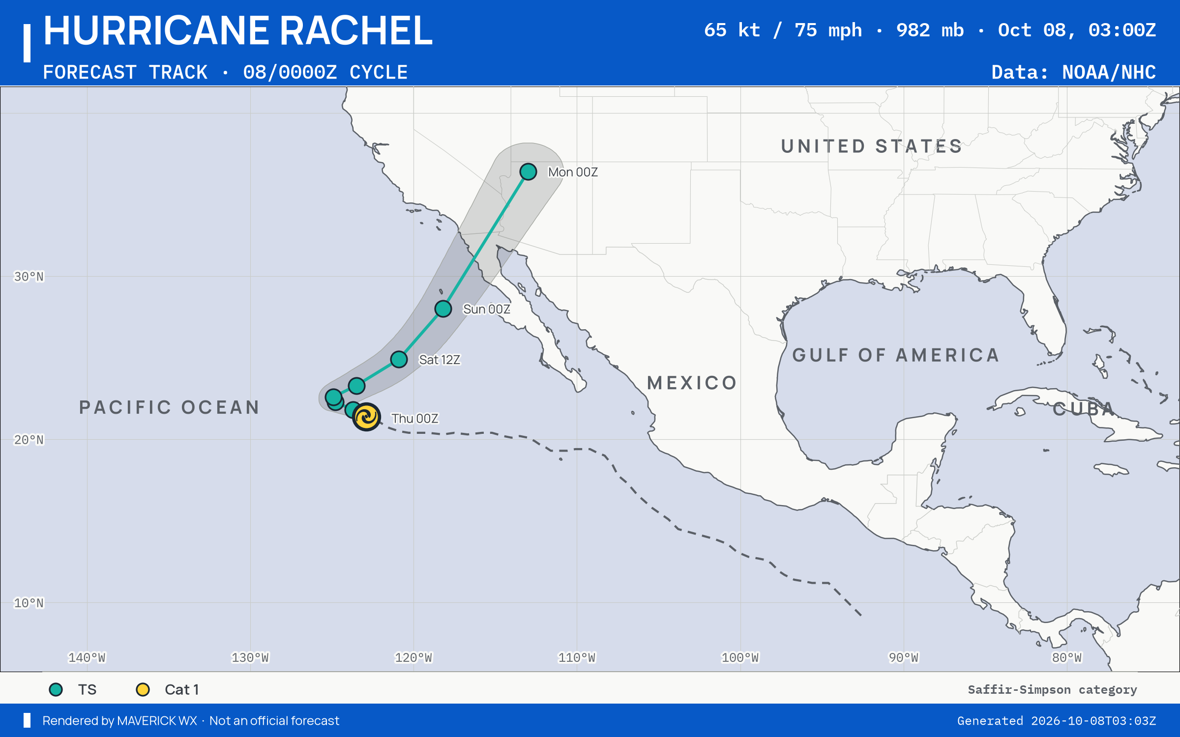 NHC forecast for Category 1 Hurricane Rachel, Advisory 44; rendered by MaverickWX