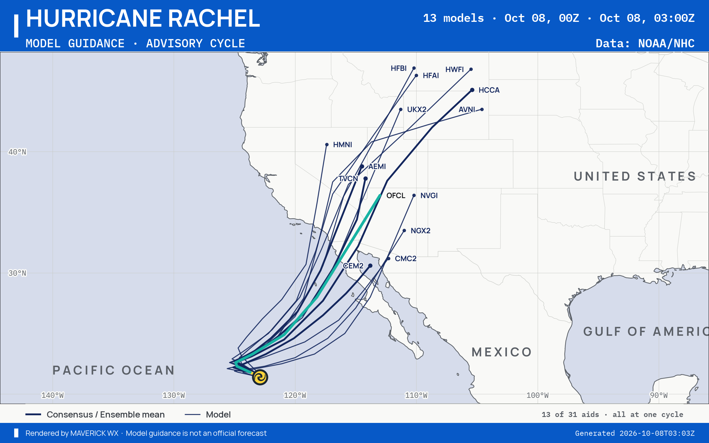 The models’ tracks, which are not a forecast for Category 1 Hurricane Rachel, NHC Advisory 44