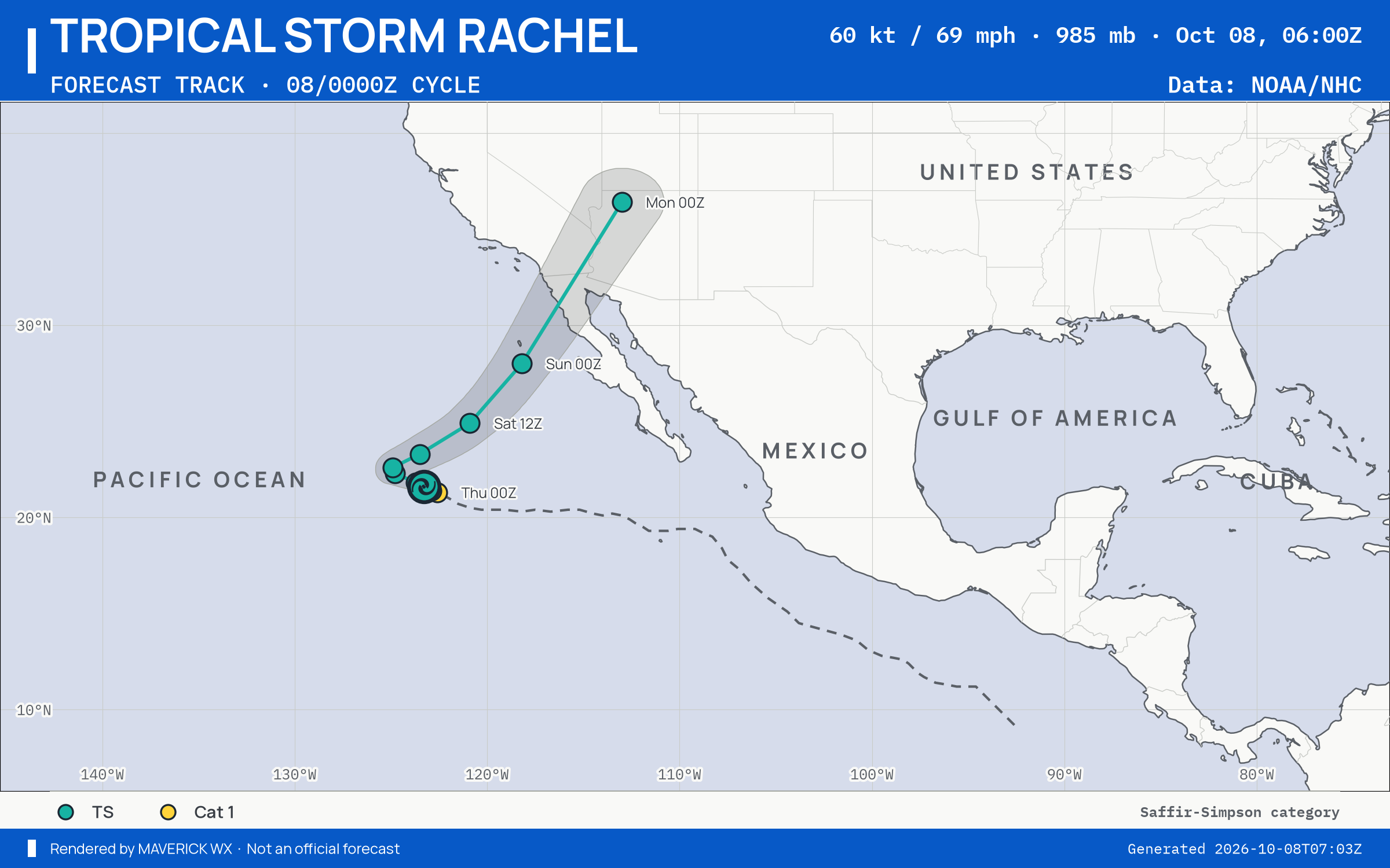 NHC forecast for Tropical Storm Rachel, Best track; rendered by MaverickWX