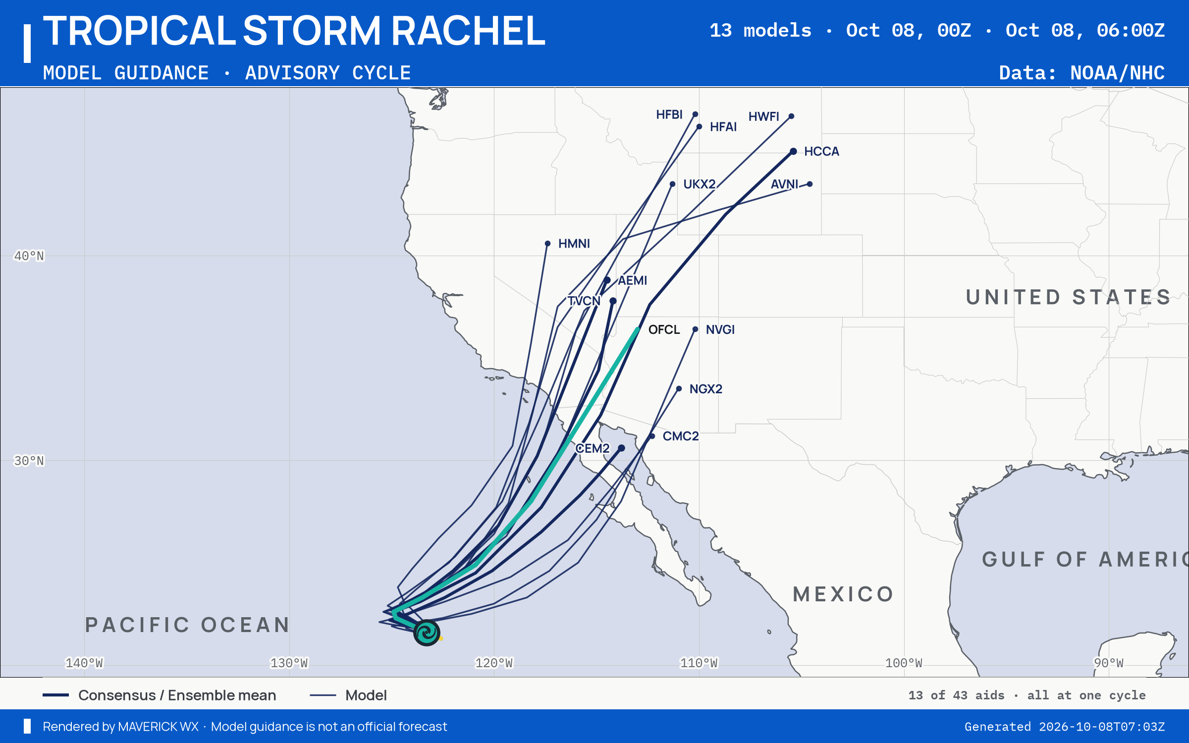 The models’ tracks, which are not a forecast for Tropical Storm Rachel, NHC Best track