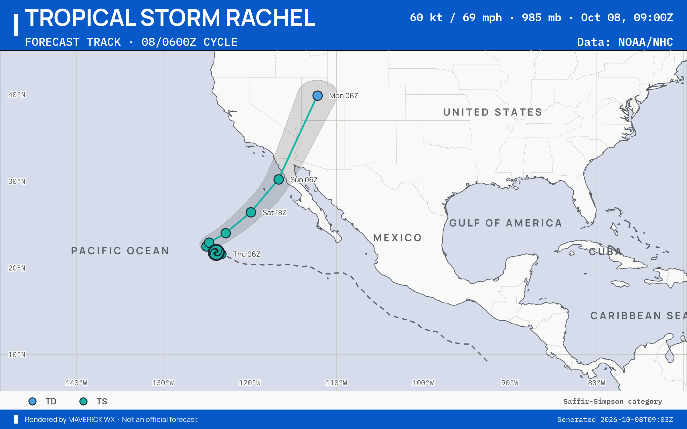NHC forecast for Tropical Storm Rachel, Advisory 45; rendered by MaverickWX