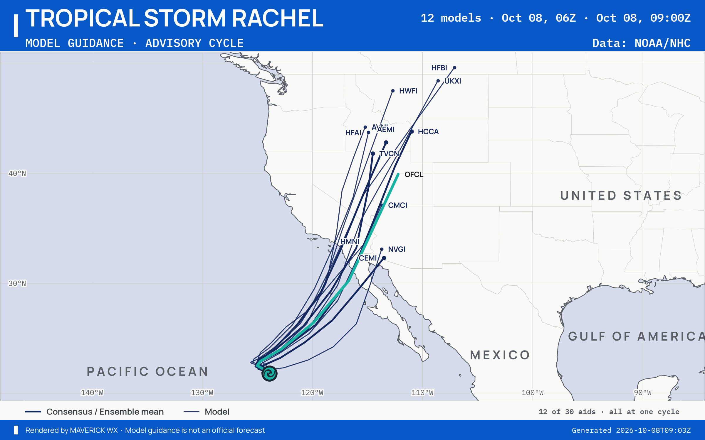 The models’ tracks, which are not a forecast for Tropical Storm Rachel, NHC Advisory 45