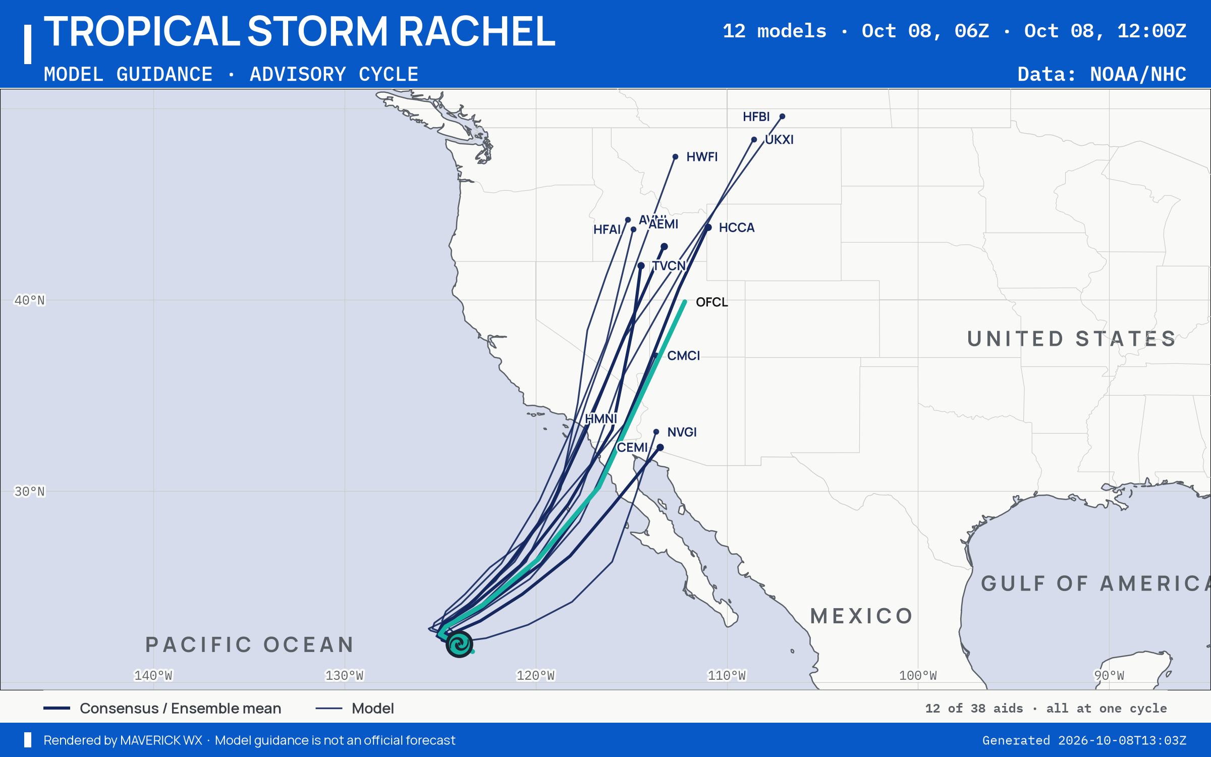 The models’ tracks, which are not a forecast for Tropical Storm Rachel, NHC Best track