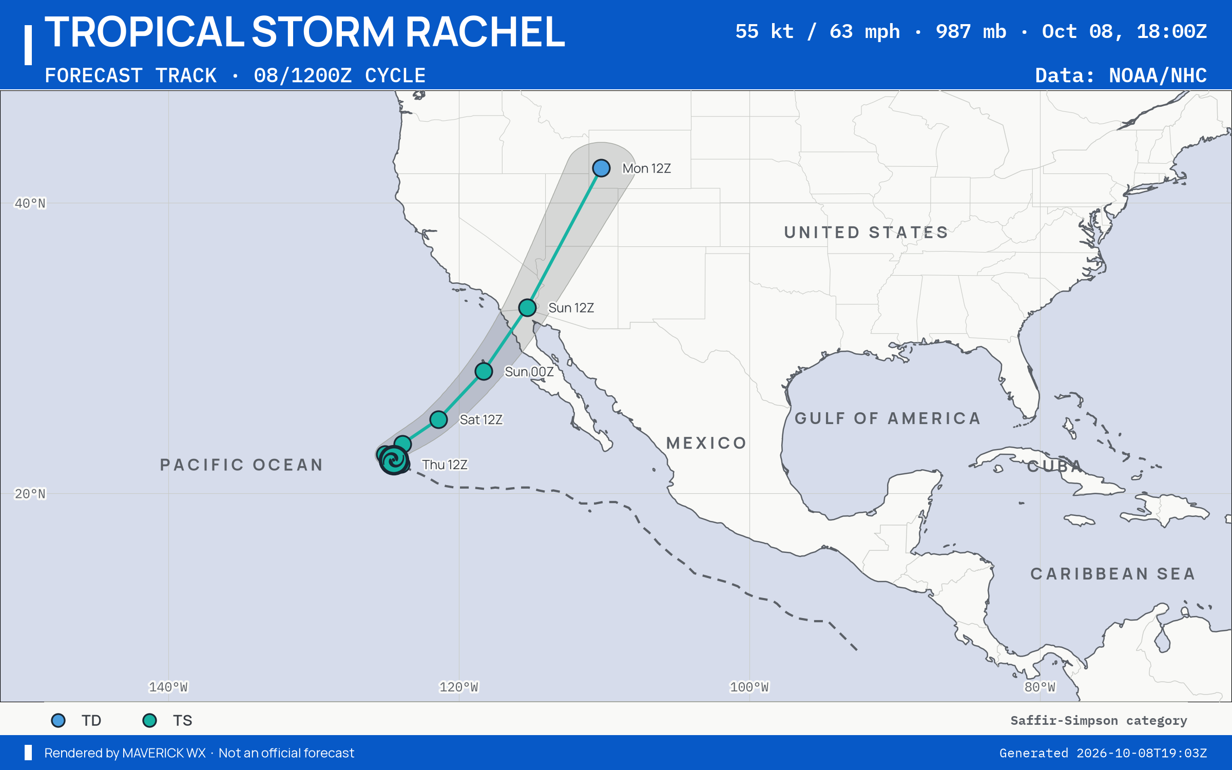 The official forecast track for Tropical Storm Rachel, NHC Best track