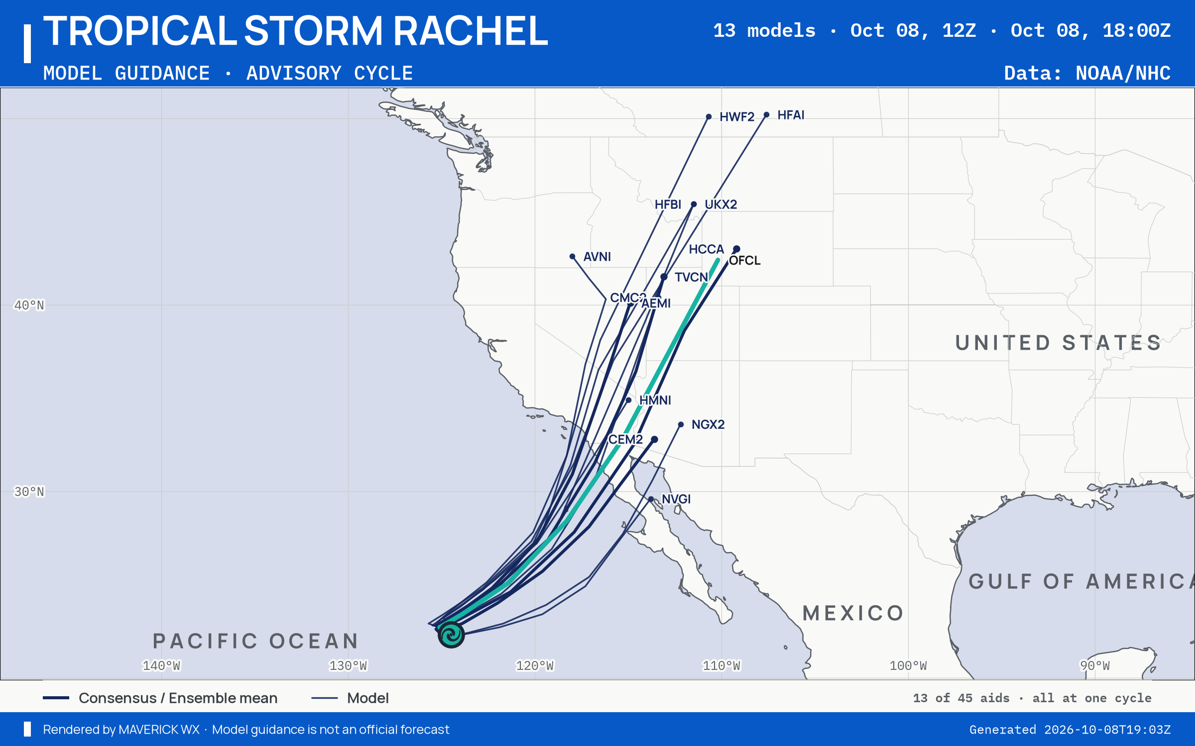 The models’ tracks, which are not a forecast for Tropical Storm Rachel, NHC Best track