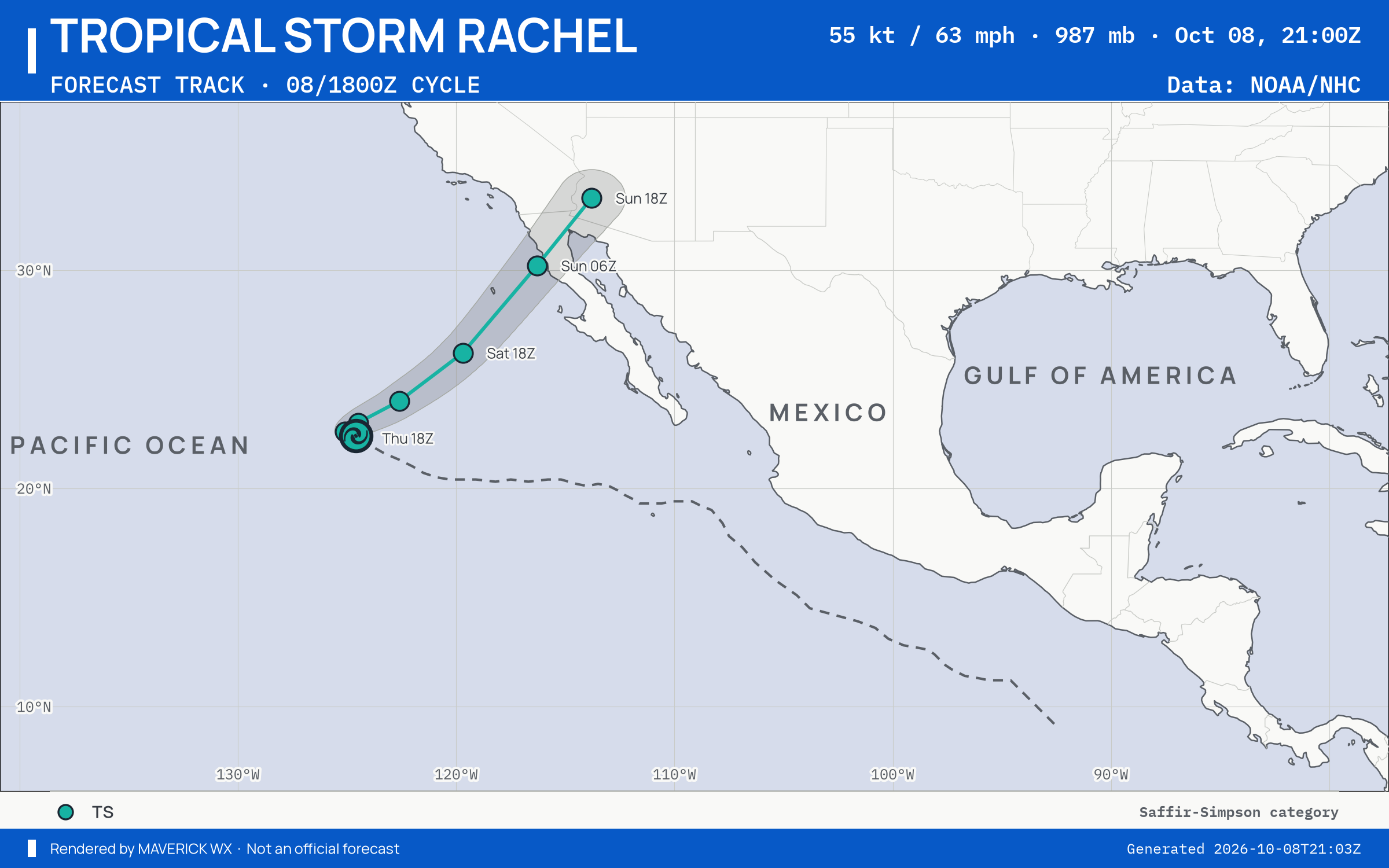 NHC forecast for Tropical Storm Rachel, Advisory 47; rendered by MaverickWX