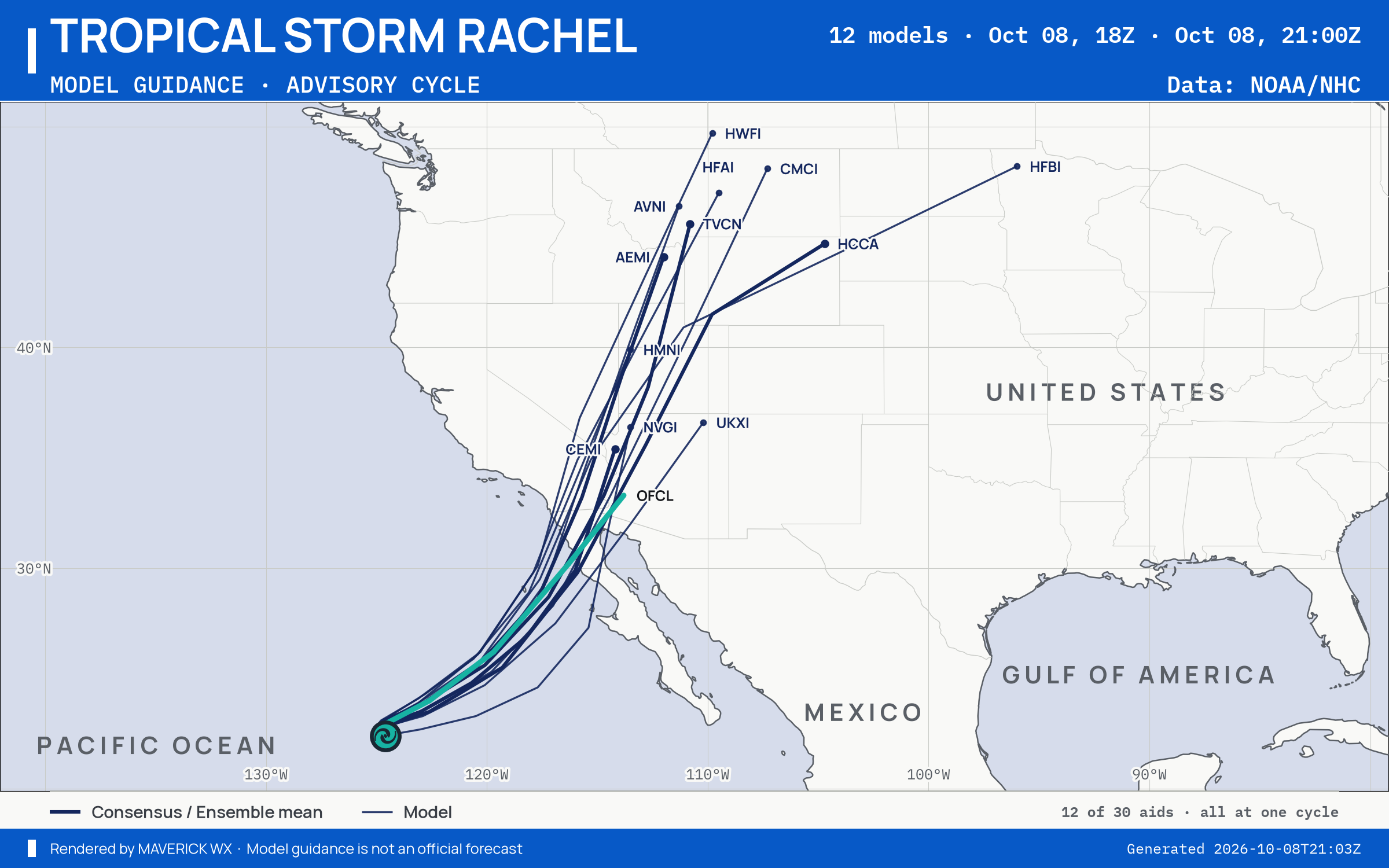 The models’ tracks, which are not a forecast for Tropical Storm Rachel, NHC Advisory 47