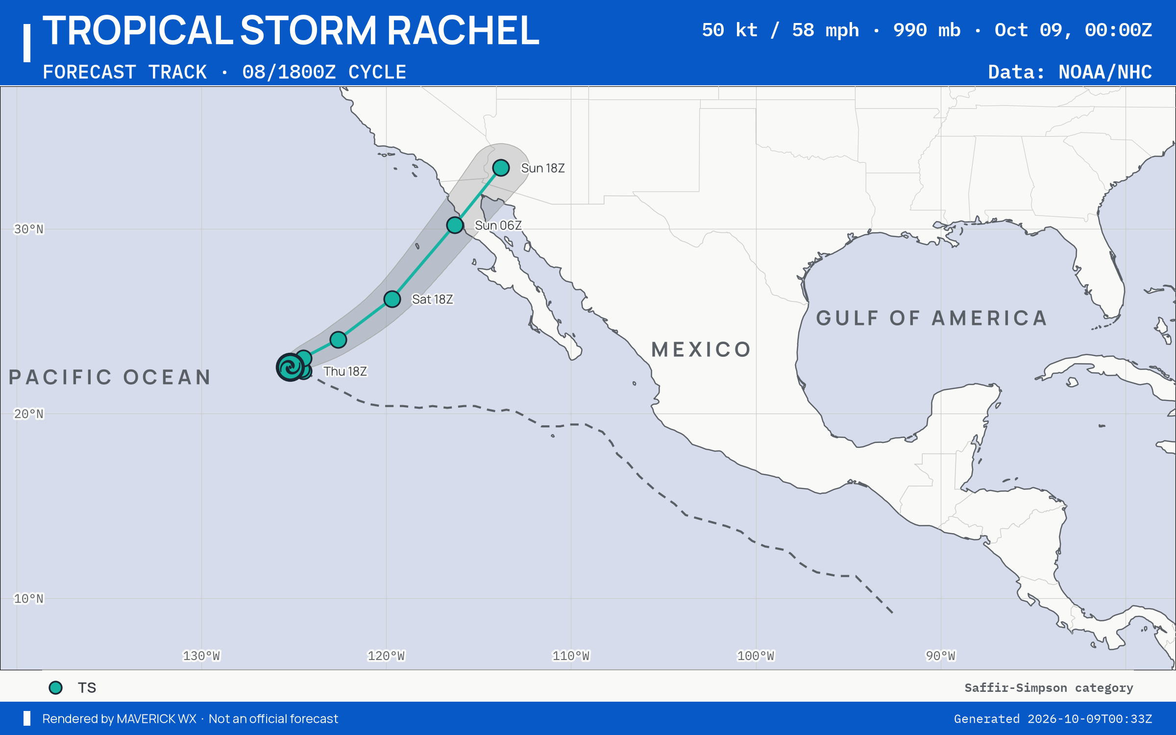 NHC forecast for Tropical Storm Rachel, Best track; rendered by MaverickWX