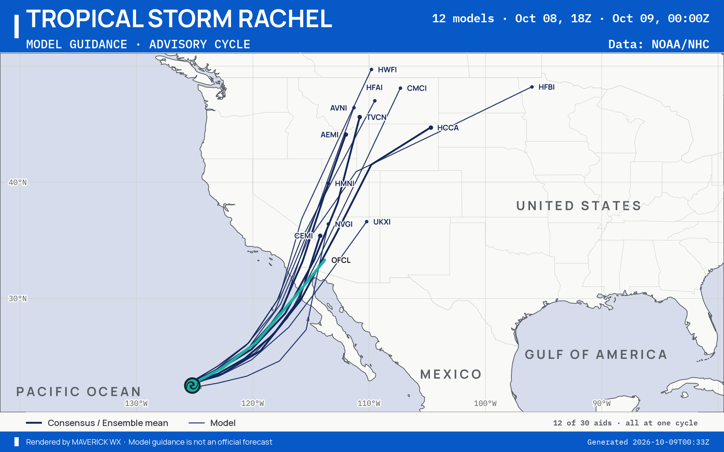The models’ tracks, which are not a forecast for Tropical Storm Rachel, NHC Best track