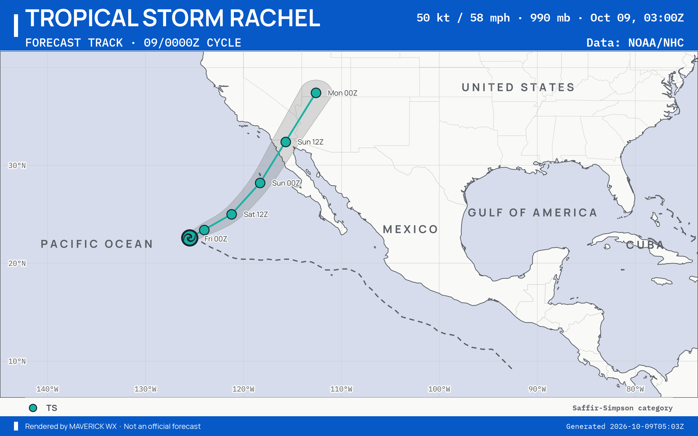 NHC forecast for Tropical Storm Rachel, Advisory 48; rendered by MaverickWX