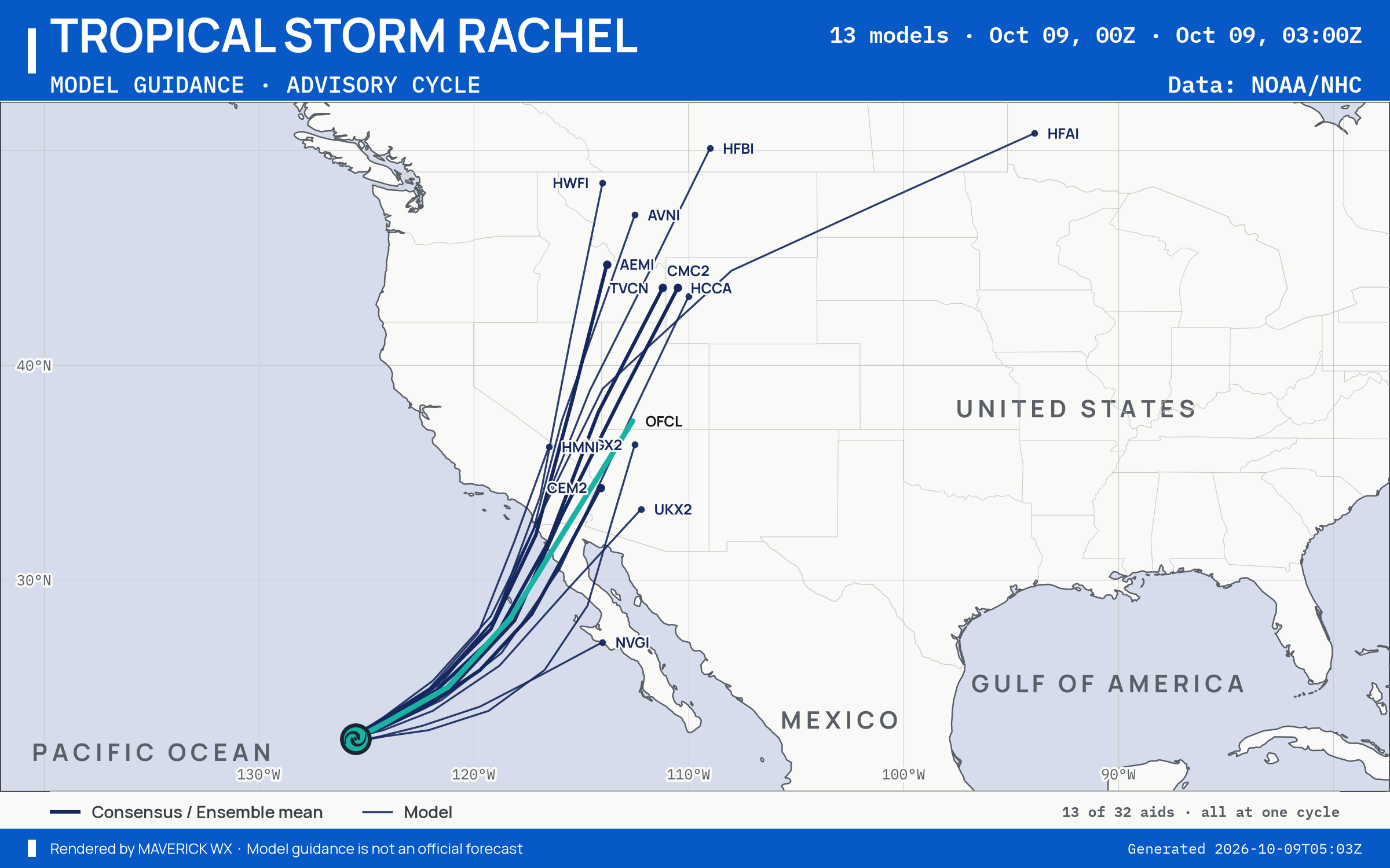 The models’ tracks, which are not a forecast for Tropical Storm Rachel, NHC Advisory 48