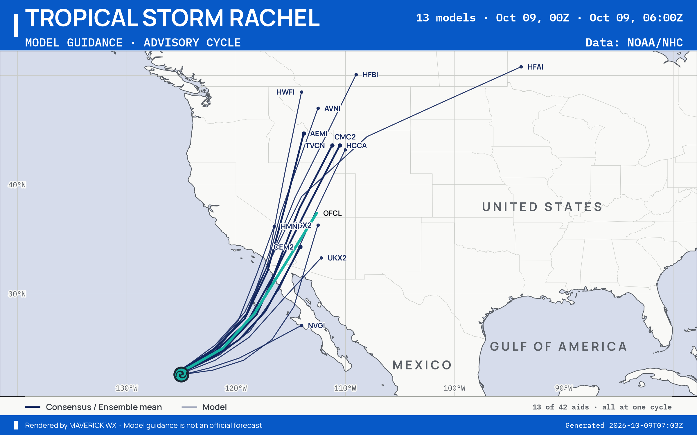 The models’ tracks, which are not a forecast for Tropical Storm Rachel, NHC Best track