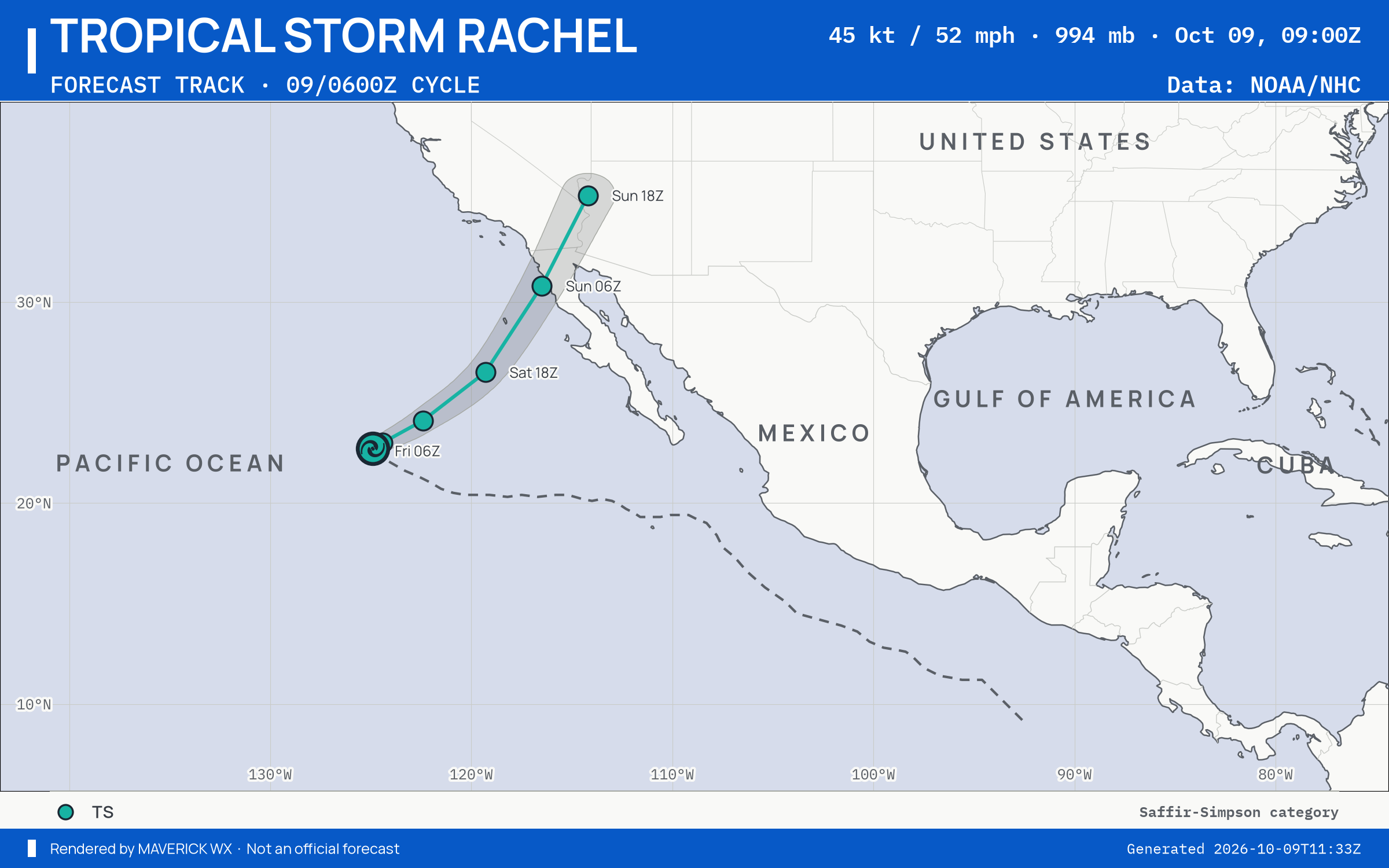 NHC forecast for Tropical Storm Rachel, Advisory 49; rendered by MaverickWX
