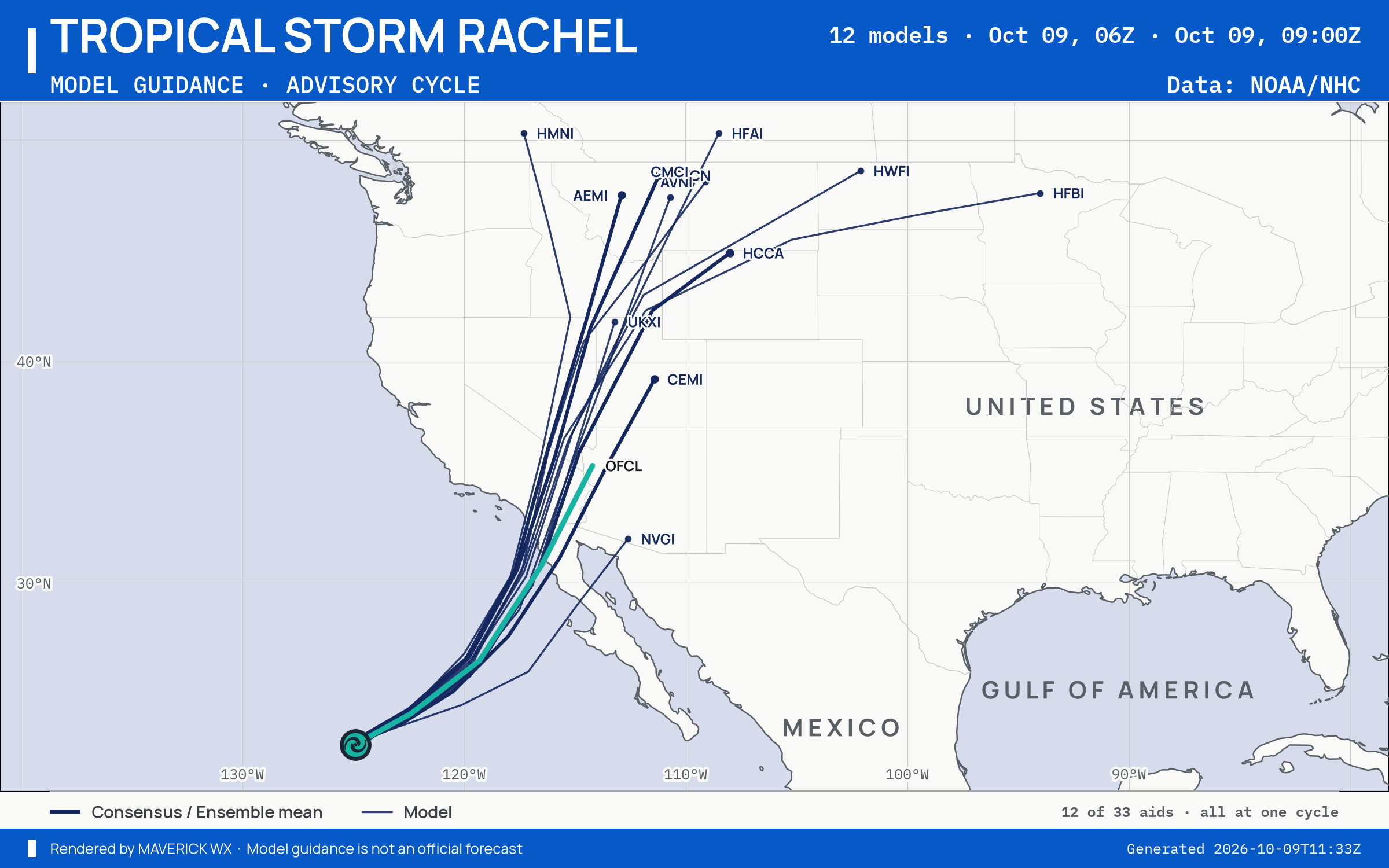 The models’ tracks, which are not a forecast for Tropical Storm Rachel, NHC Advisory 49