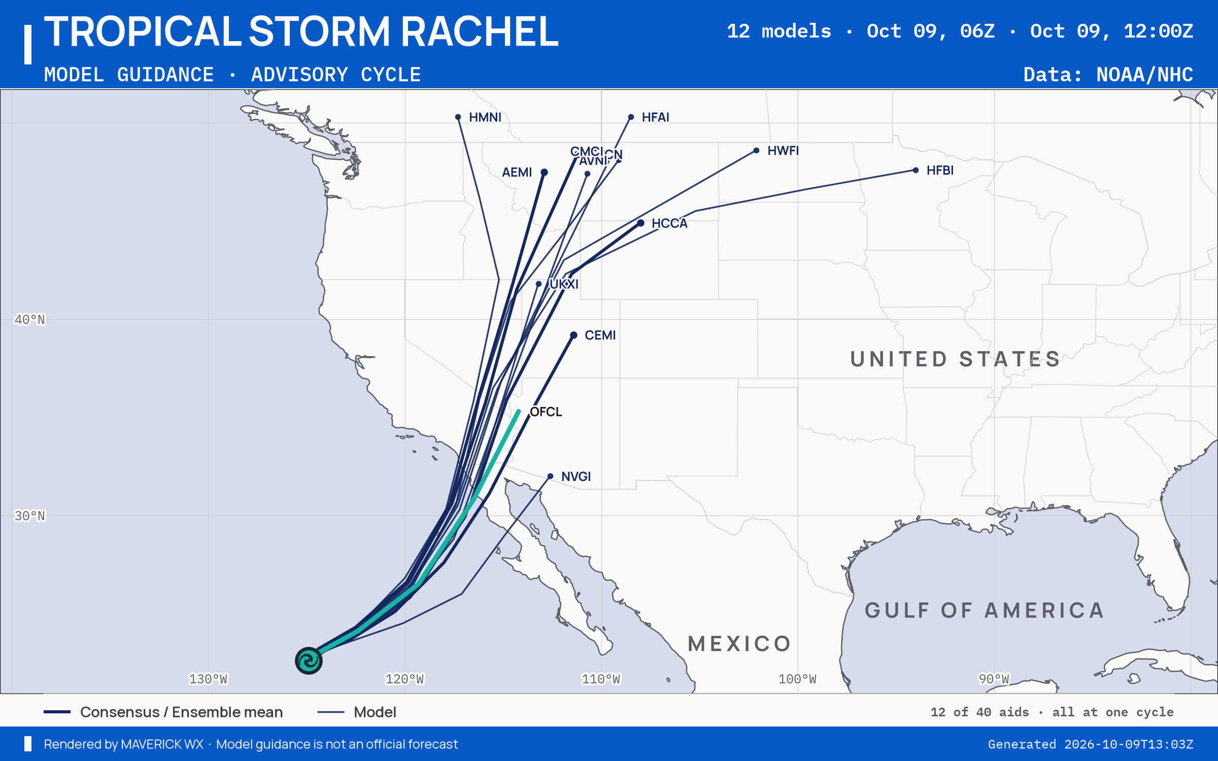The models’ tracks, which are not a forecast for Tropical Storm Rachel, NHC Best track