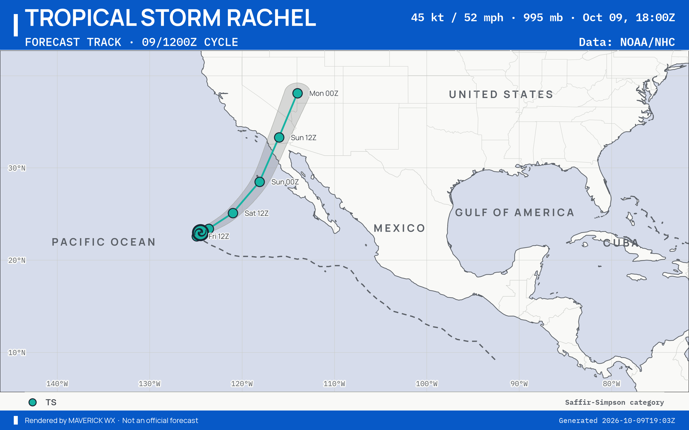 NHC forecast for Tropical Storm Rachel, Best track; rendered by MaverickWX