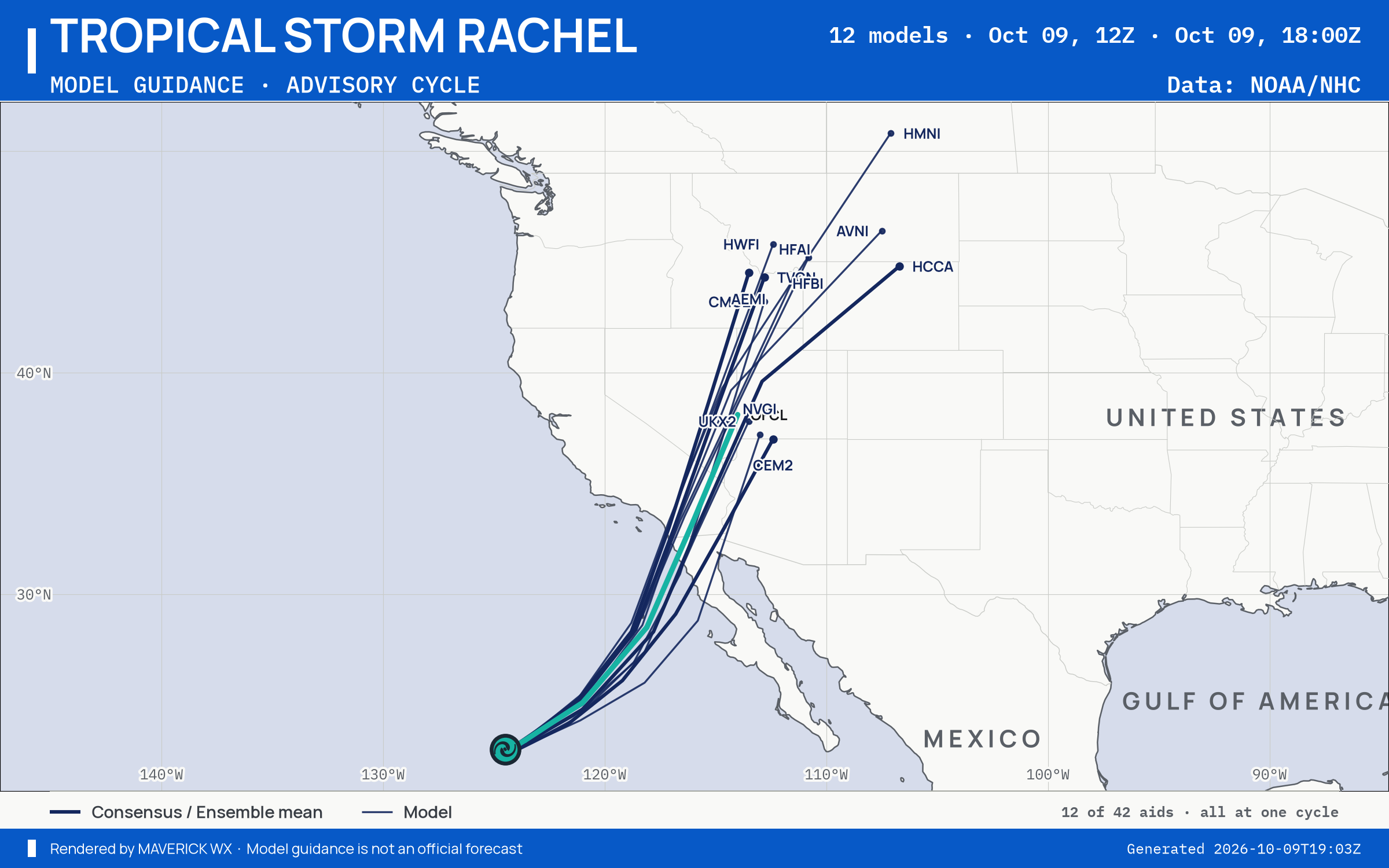 The models’ tracks, which are not a forecast for Tropical Storm Rachel, NHC Best track
