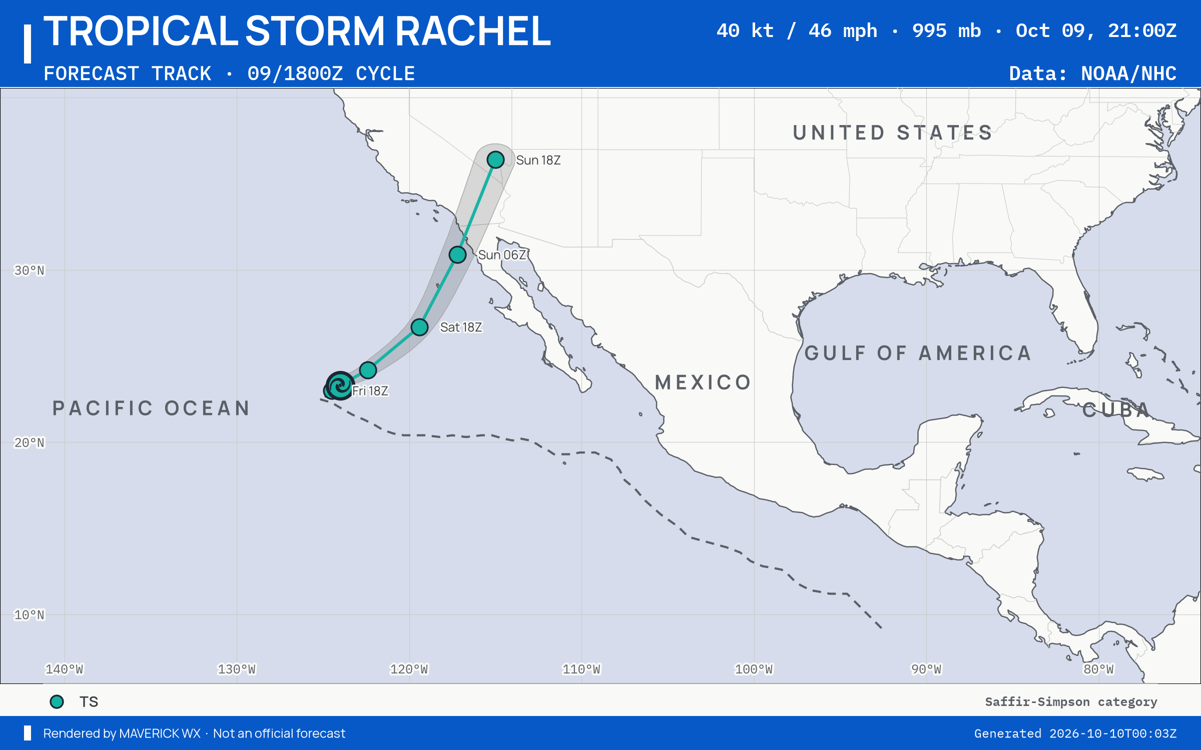 The official forecast track for Tropical Storm Rachel, NHC Advisory 51